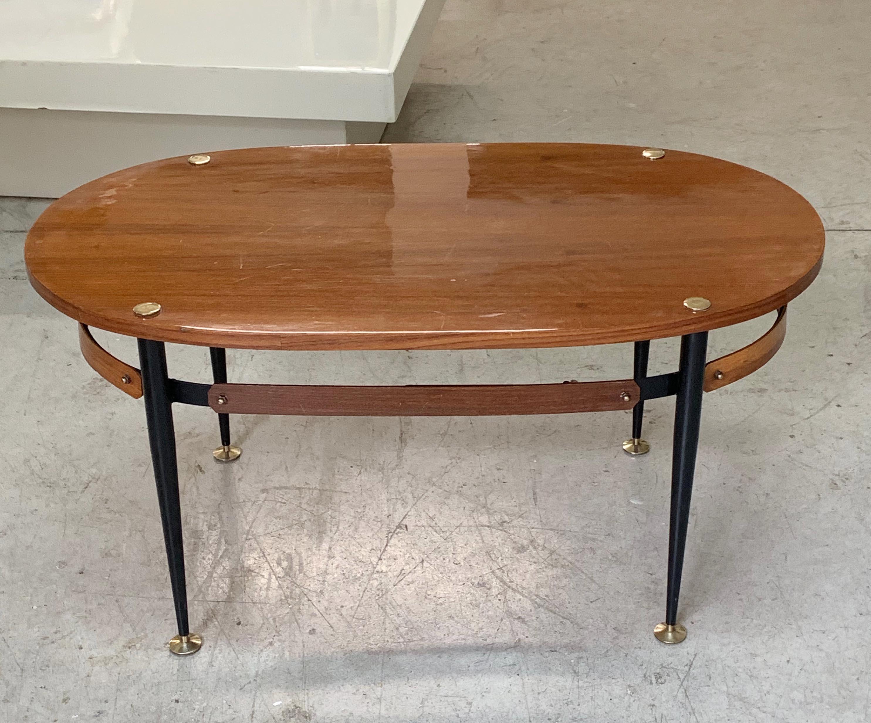 Brass Silvio Cavatorta Midcentury Iron and Teak Wood Oval Italian Coffee Table, 1950s