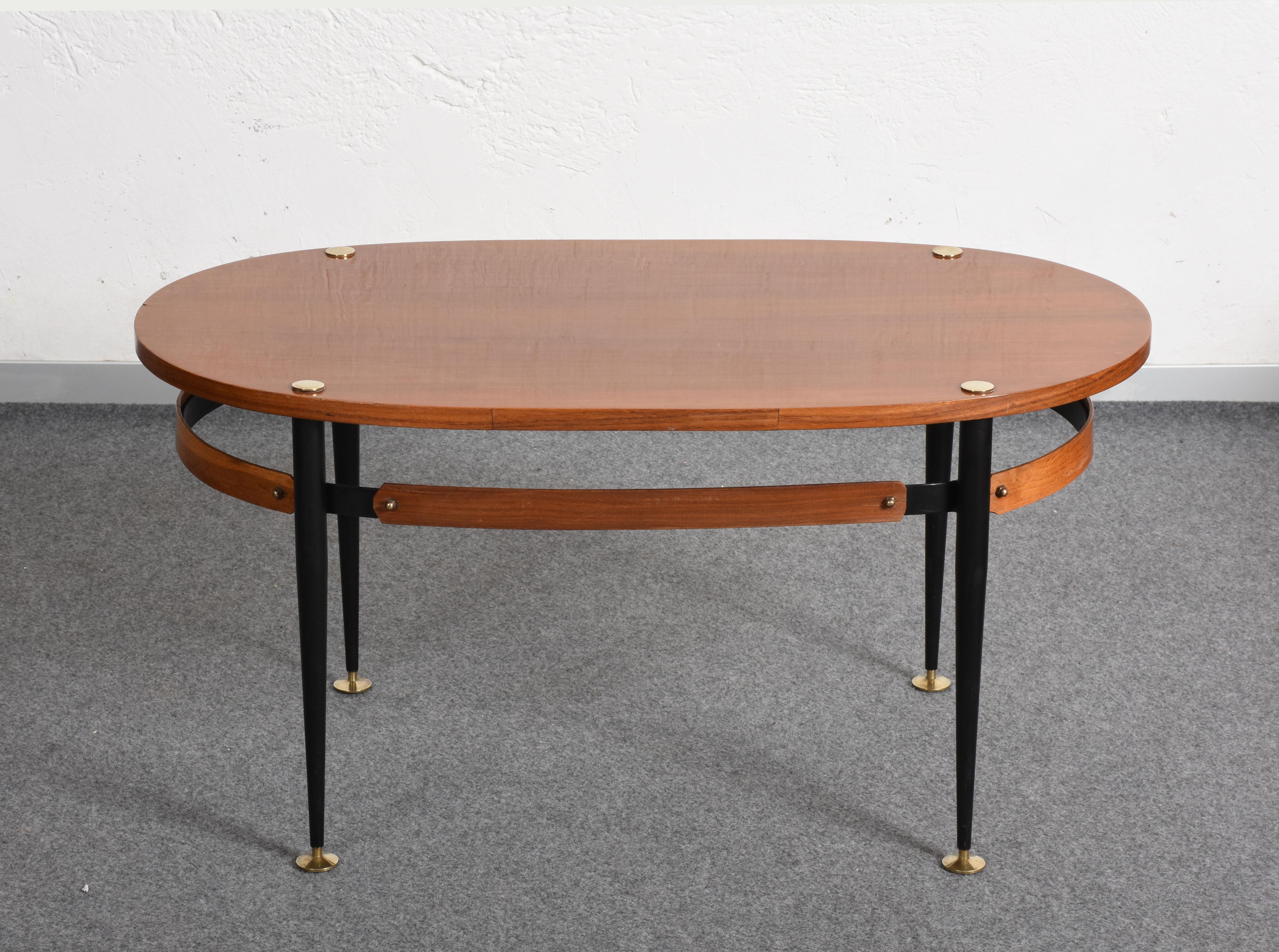 Brass Silvio Cavatorta Midcentury Iron and Teak Wood Oval Italian Coffee Table, 1950s For Sale