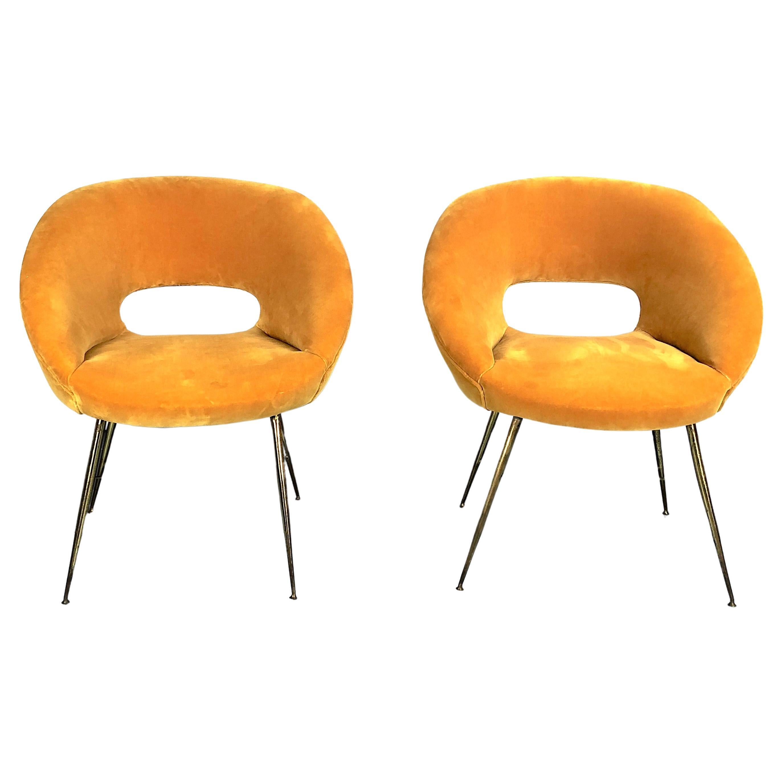 Silvio Cavatorta, Pair of Gold Velvet Armchairs from 50s For Sale