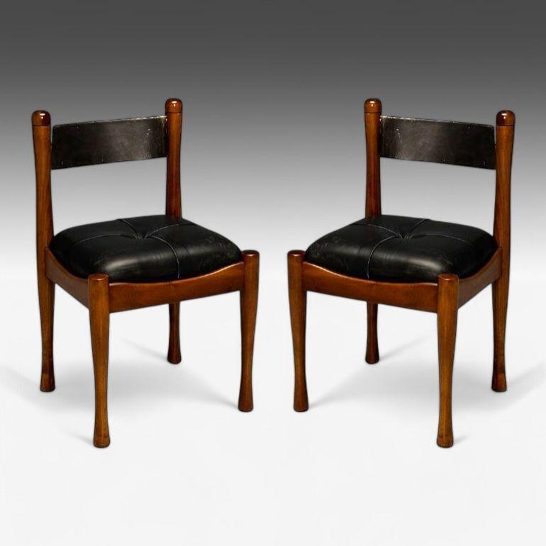Silvio Coppola, Bernini, Italian Mid-Century Modern, Side Chairs, Walnut, 1960s
Set of two (2) occasional side chairs designed by Silvio Coppola for Bernini circa 1960s. Each example has strong walnut modernist frames with distressed black leather