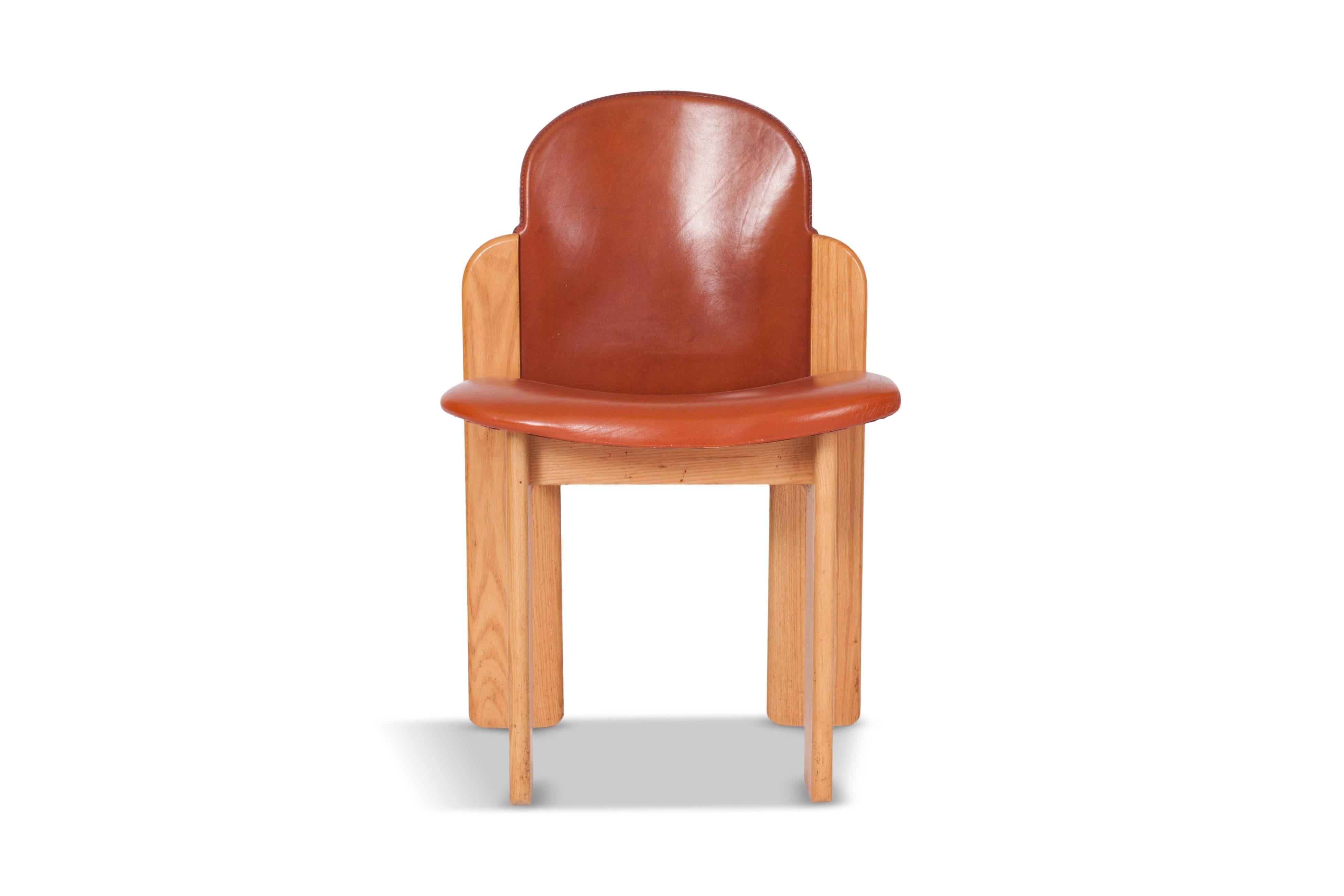 Italian Silvio Coppola Dining Chairs in Ash and Cognac Leather