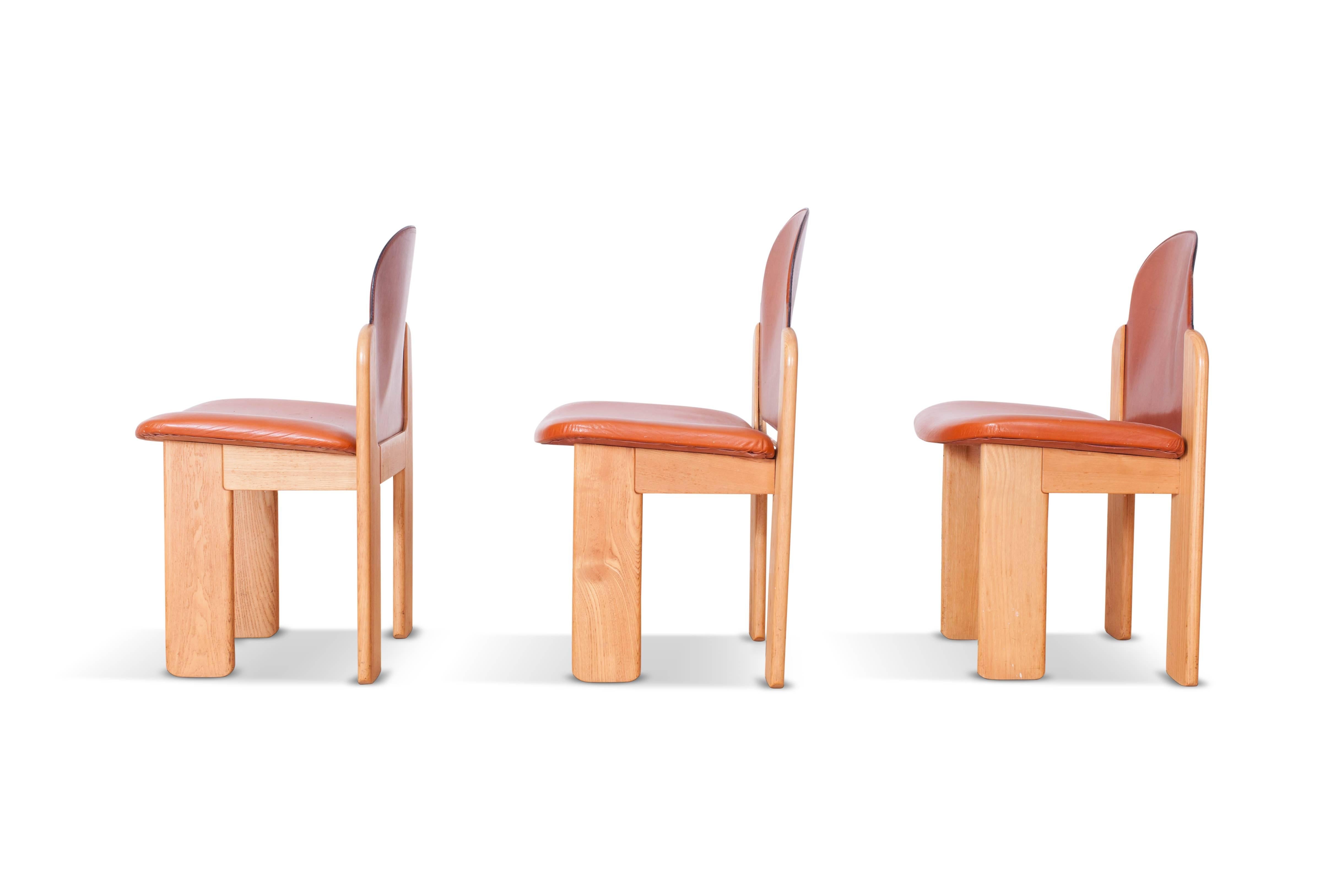 Late 20th Century Silvio Coppola Dining Chairs in Ash and Cognac Leather