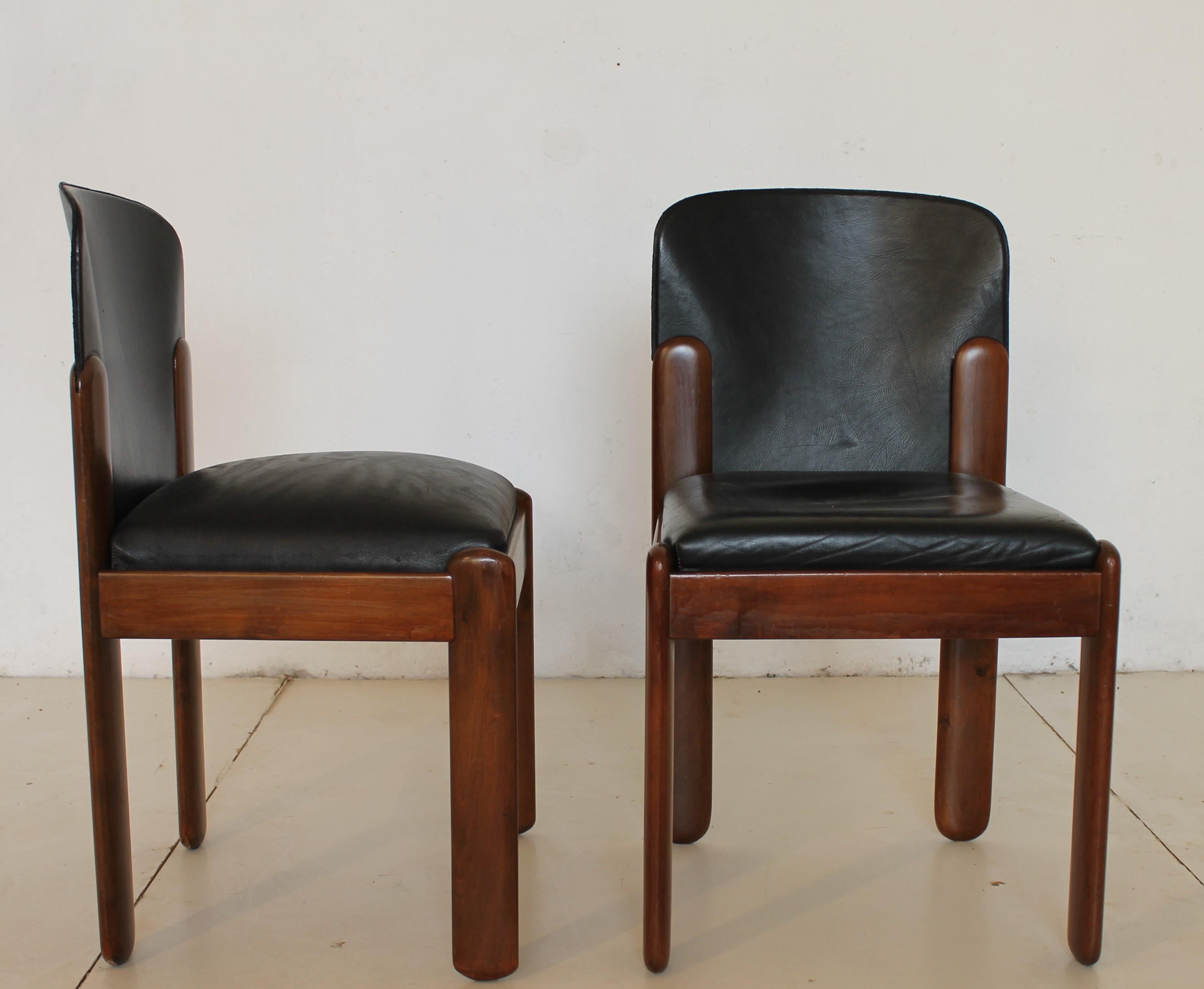 Italian Silvio Coppola for Bernini Black Leather Chairs, Italy, 1971