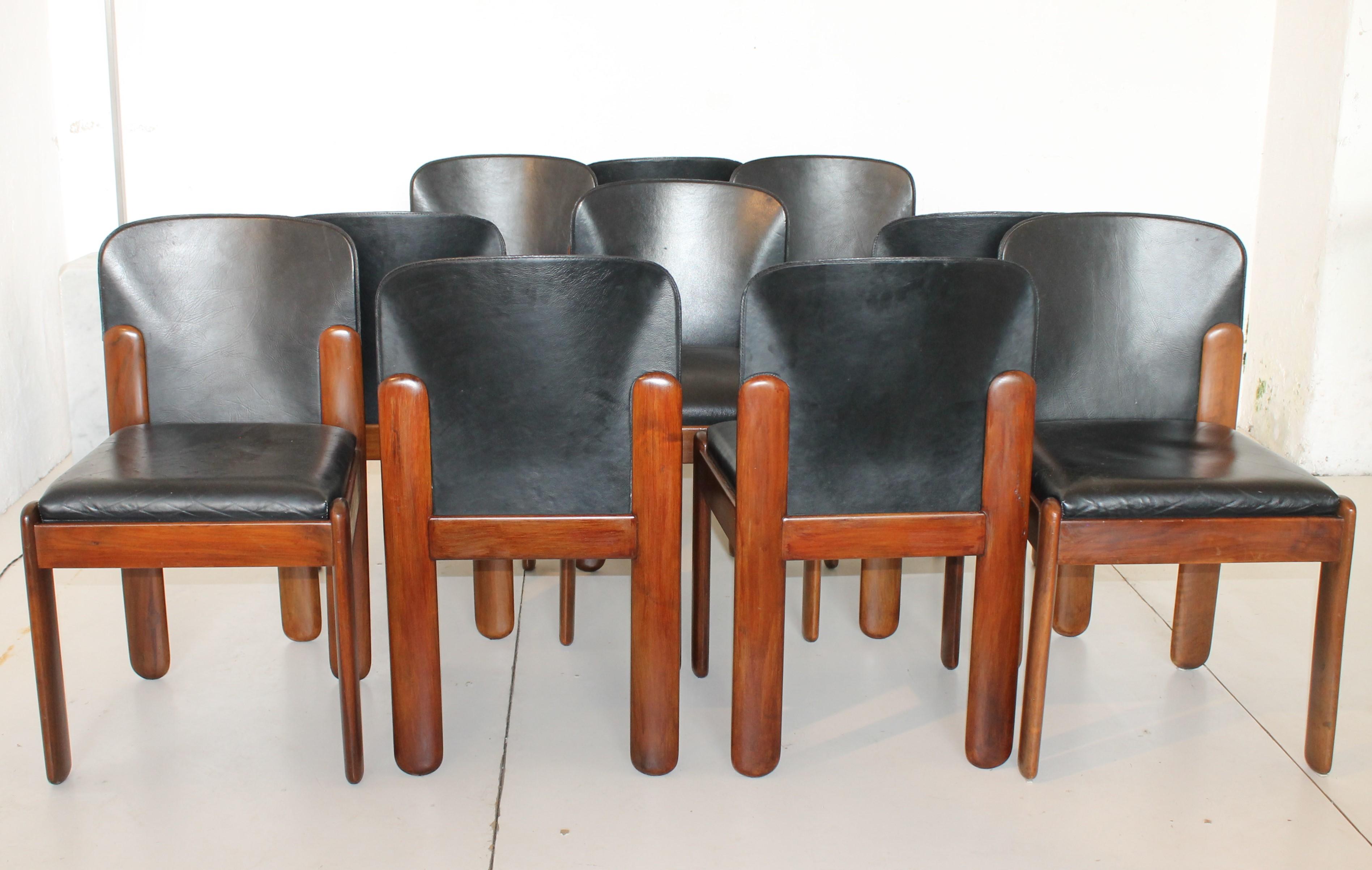 Late 20th Century Silvio Coppola for Bernini Black Leather Chairs, Italy, 1971