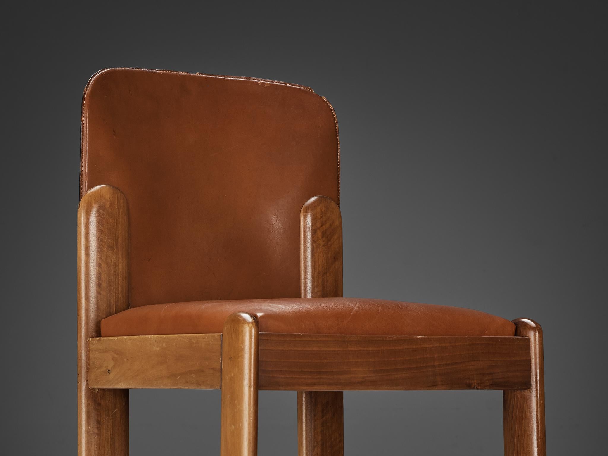 Mid-Century Modern Silvio Coppola for Bernini Pair of Dining Chairs in Brown Leather & Walnut  For Sale