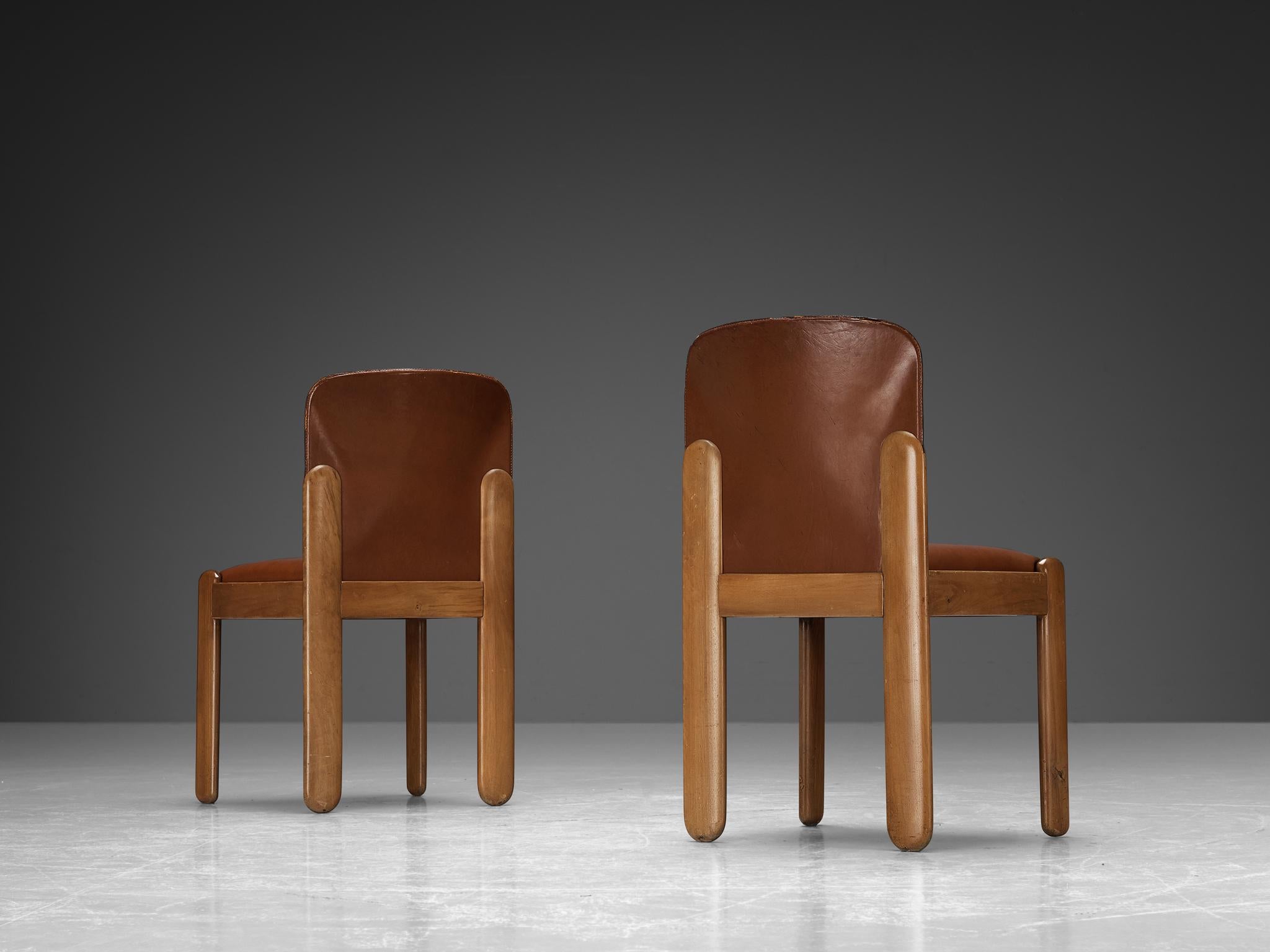 Italian Silvio Coppola for Bernini Pair of Dining Chairs in Brown Leather & Walnut 