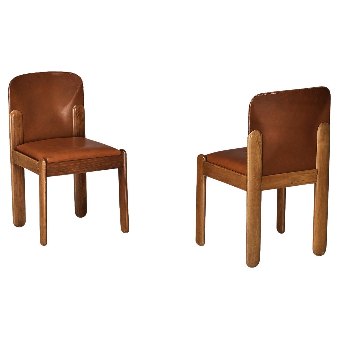 Silvio Coppola for Bernini Pair of Dining Chairs in Brown Leather & Walnut 