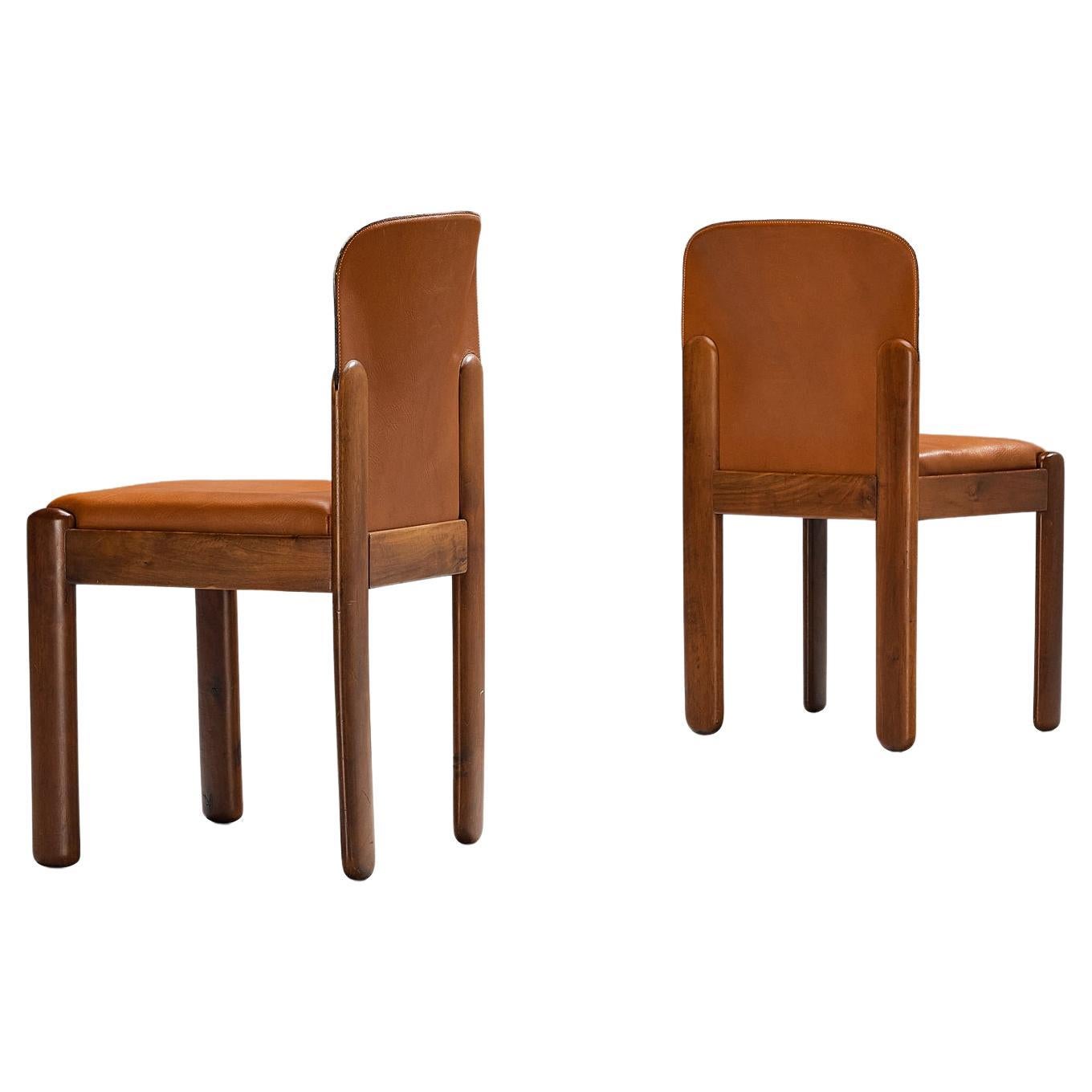 Silvio Coppola for Bernini Pair of Dining Chairs in Leather and Walnut  For Sale