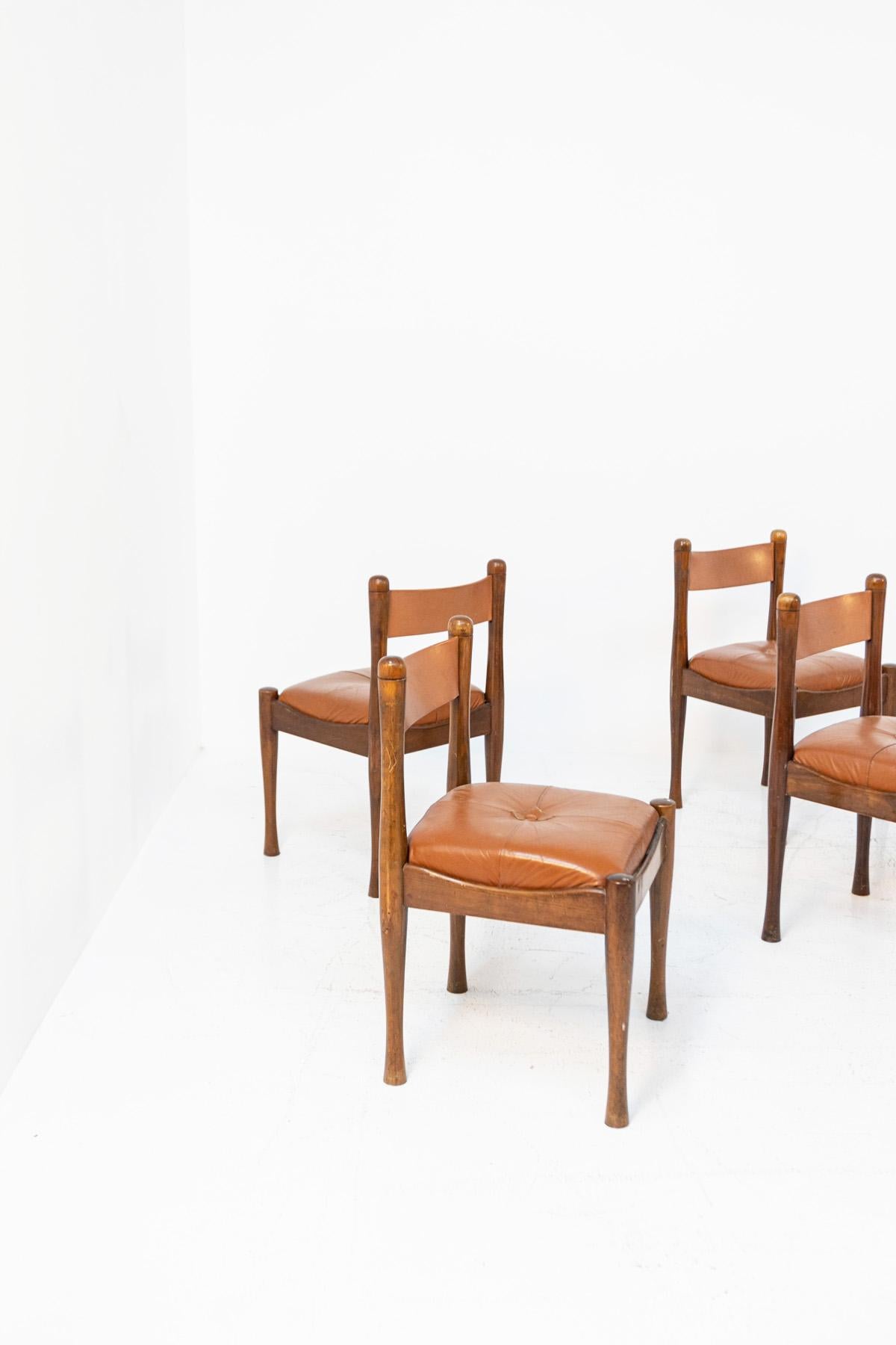 Silvio Coppola for Bernini Rare Set of Eight Chairs in Wood and Brown Leather 1