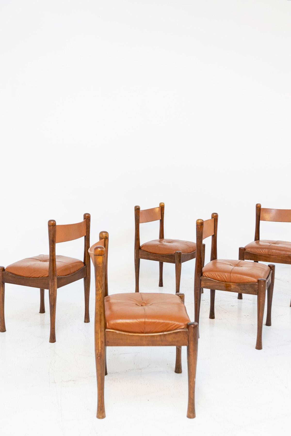 Silvio Coppola for Bernini Rare Set of Eight Chairs in Wood and Brown Leather 2