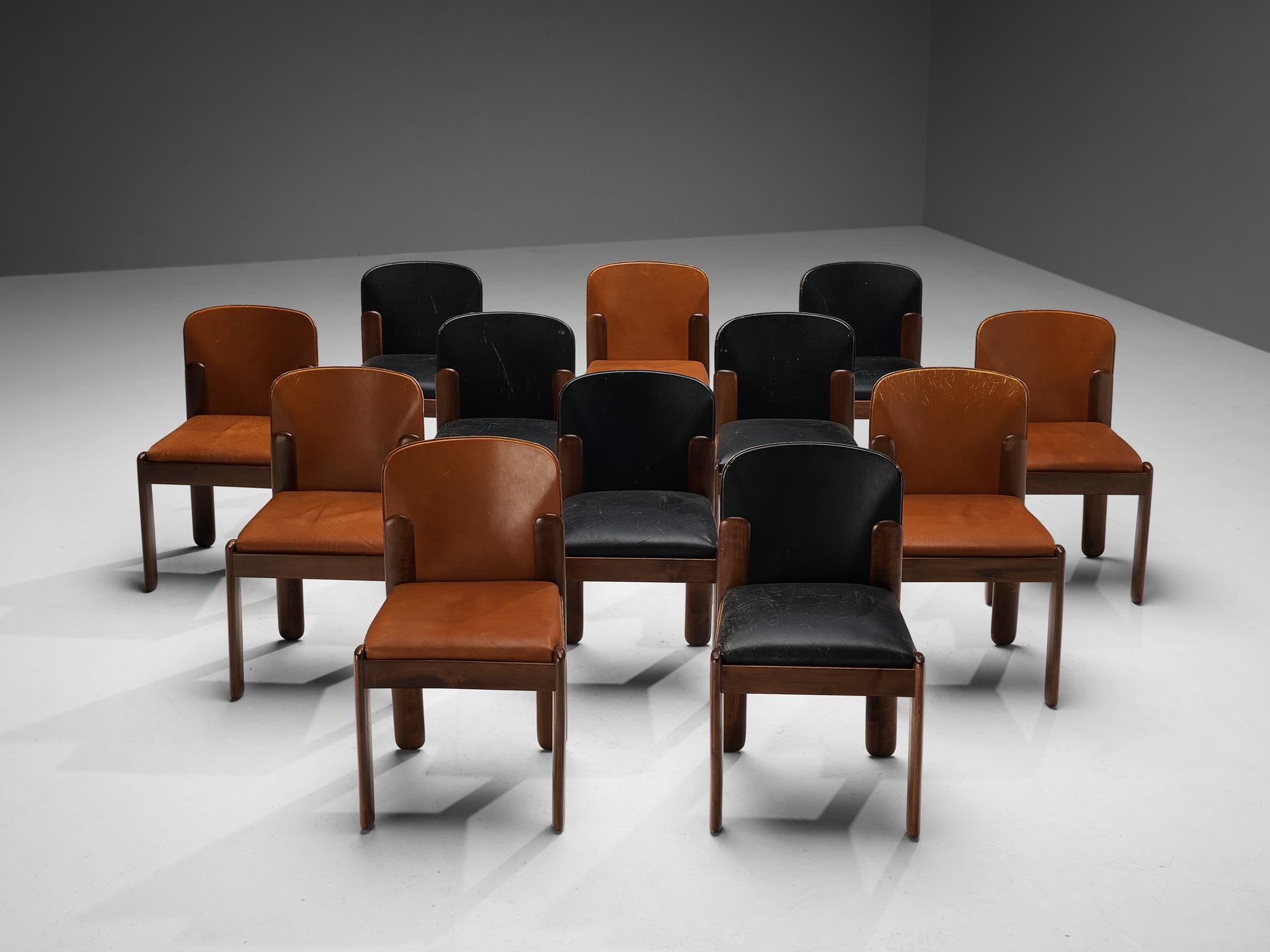 Italian Silvio Coppola for Bernini Set of 12 Dining Chairs in Leather and Walnut