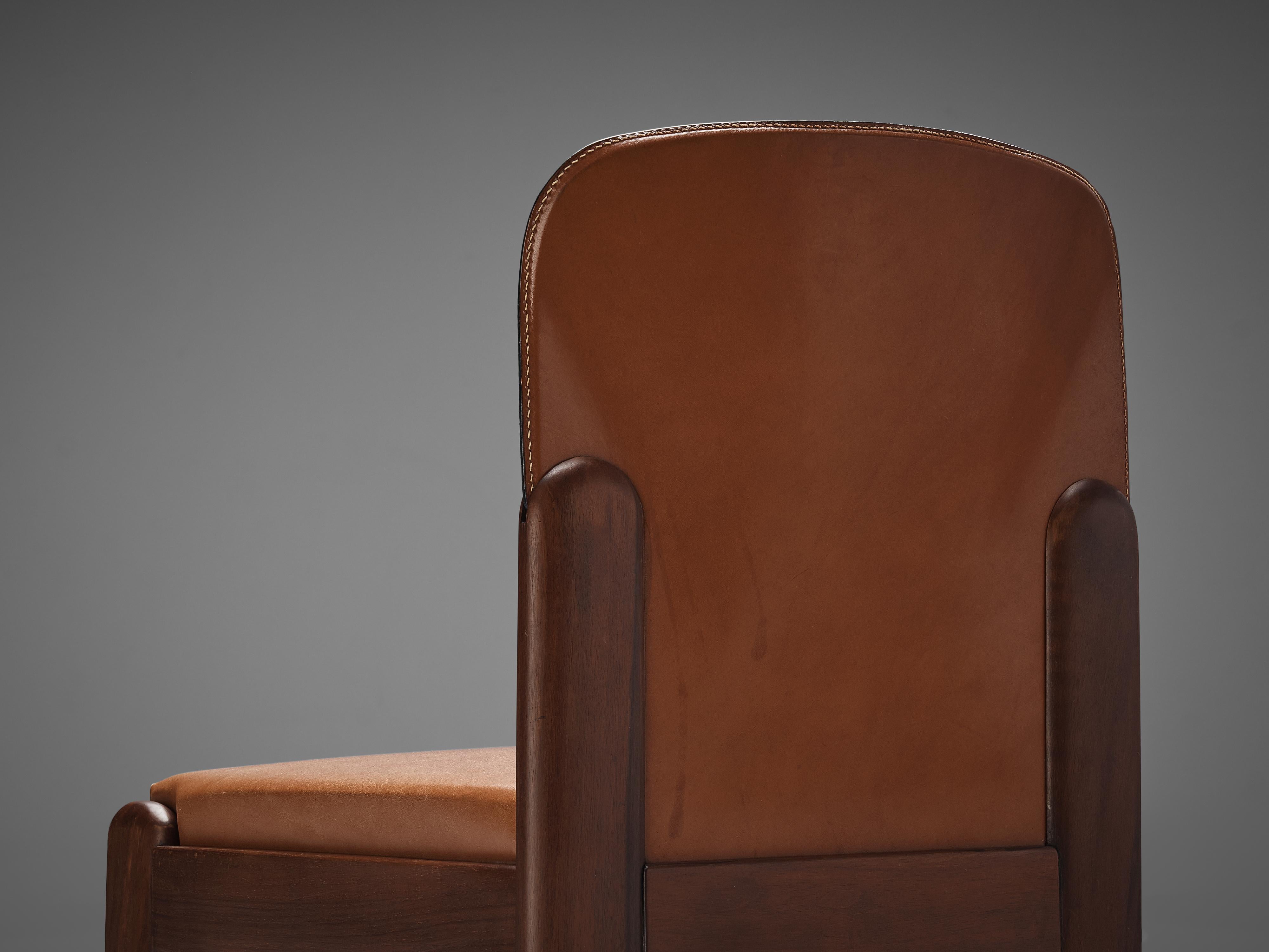 Italian Silvio Coppola for Bernini Set of 6 Dining Chairs in Cognac Leather