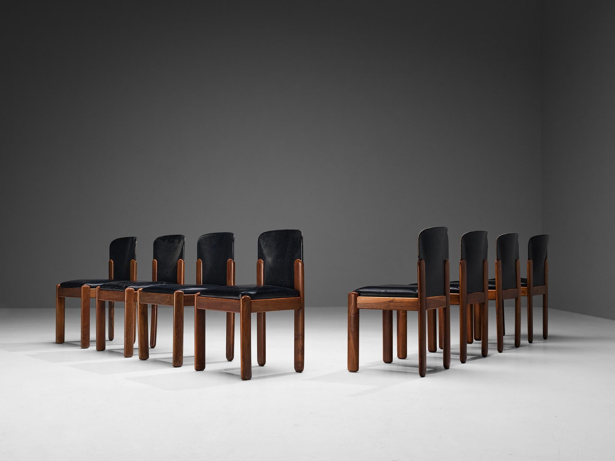 Mid-Century Modern Silvio Coppola for Bernini Set of Eight Dining Chairs in Walnut and Leather