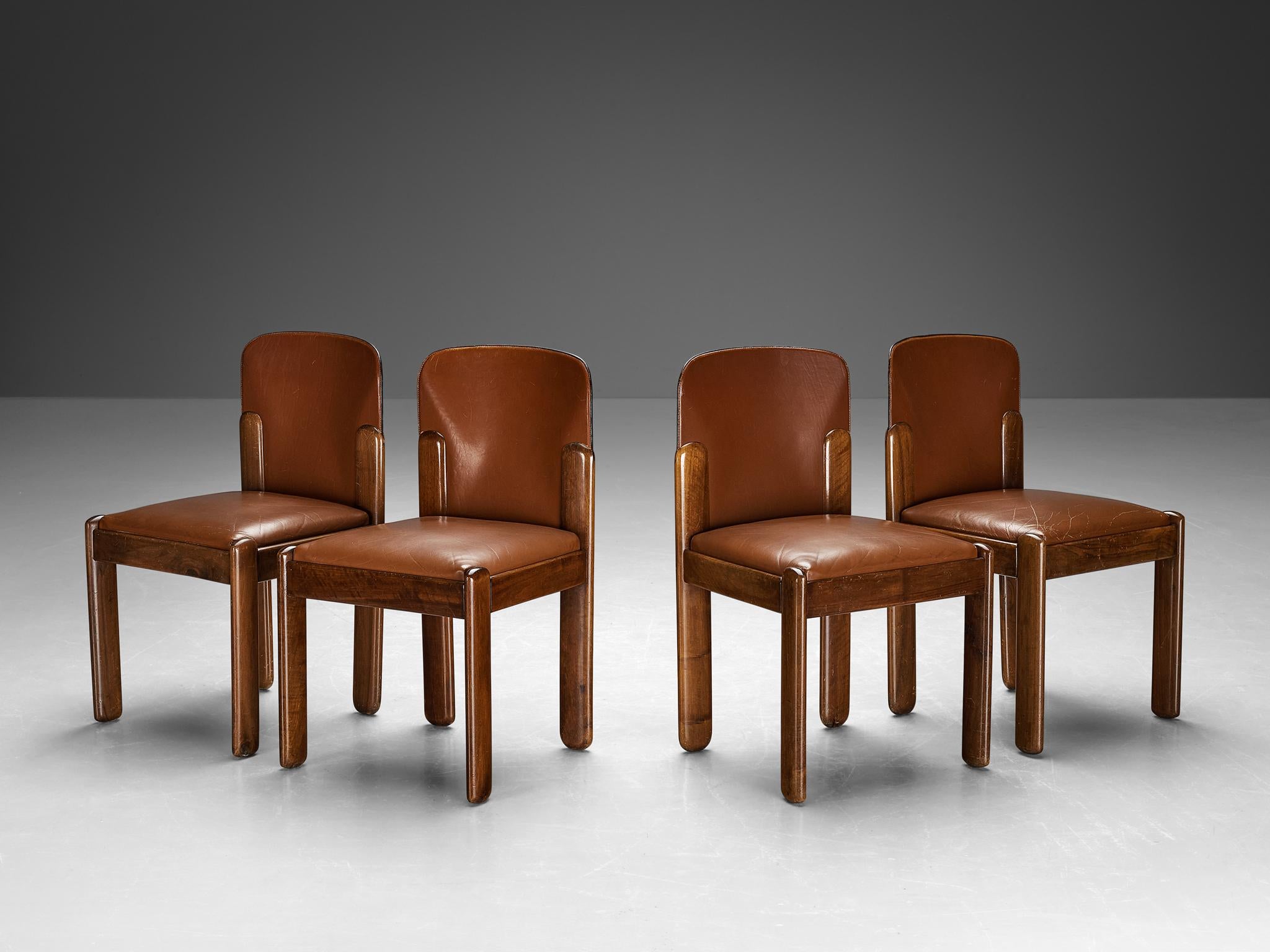 Italian Silvio Coppola for Bernini Set of Four Dining Chairs in Brown Leather  For Sale