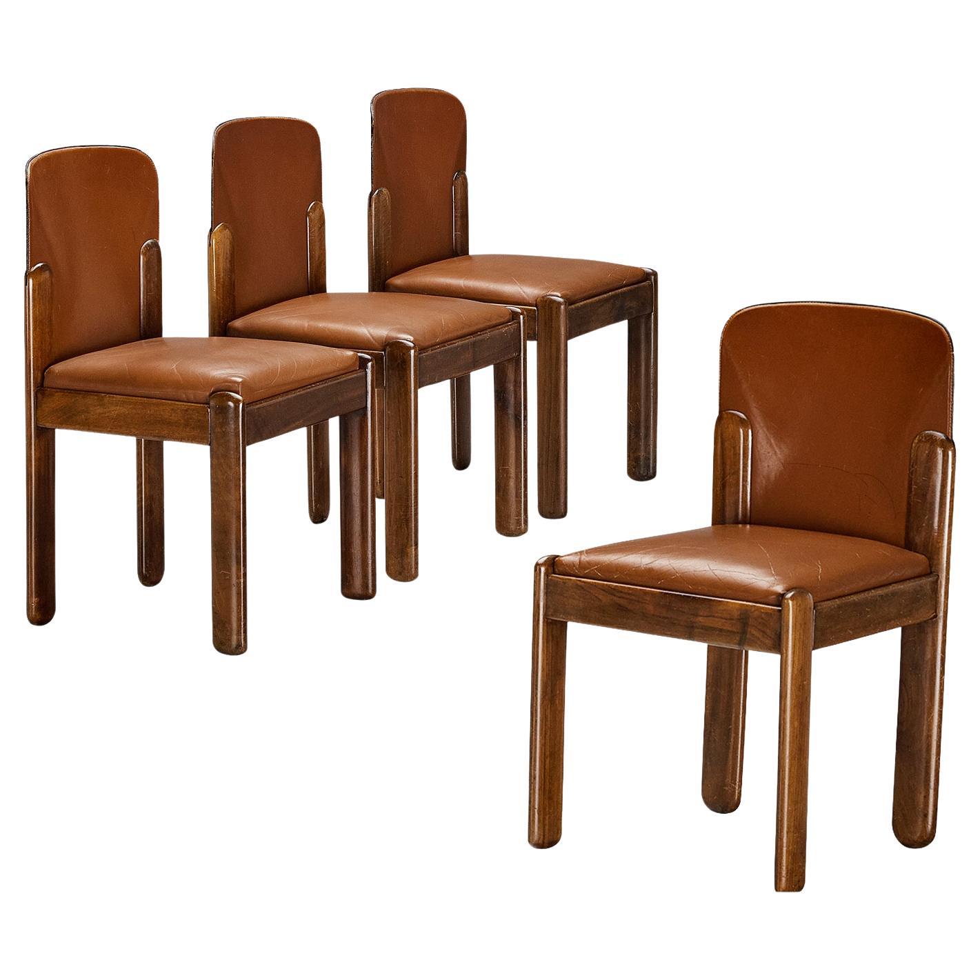 Silvio Coppola for Bernini Set of Four Dining Chairs in Brown Leather  For Sale