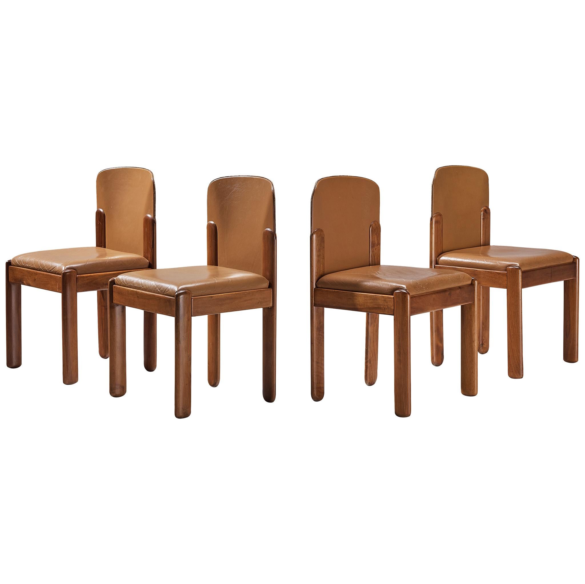 Silvio Coppola for Bernini Set of Four Dining Chairs in Leather and Walnut 4