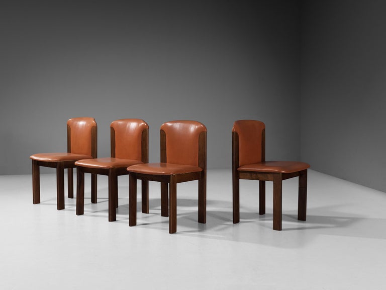 Silvio Coppola for Bernini, four dining chairs, model '330', cognac leather, stained walnut, Italy, 1960s

Wonderful set of four dining chairs by Italian designer Silvio Coppola. These aesthetically well balanced chairs strongly convince with the