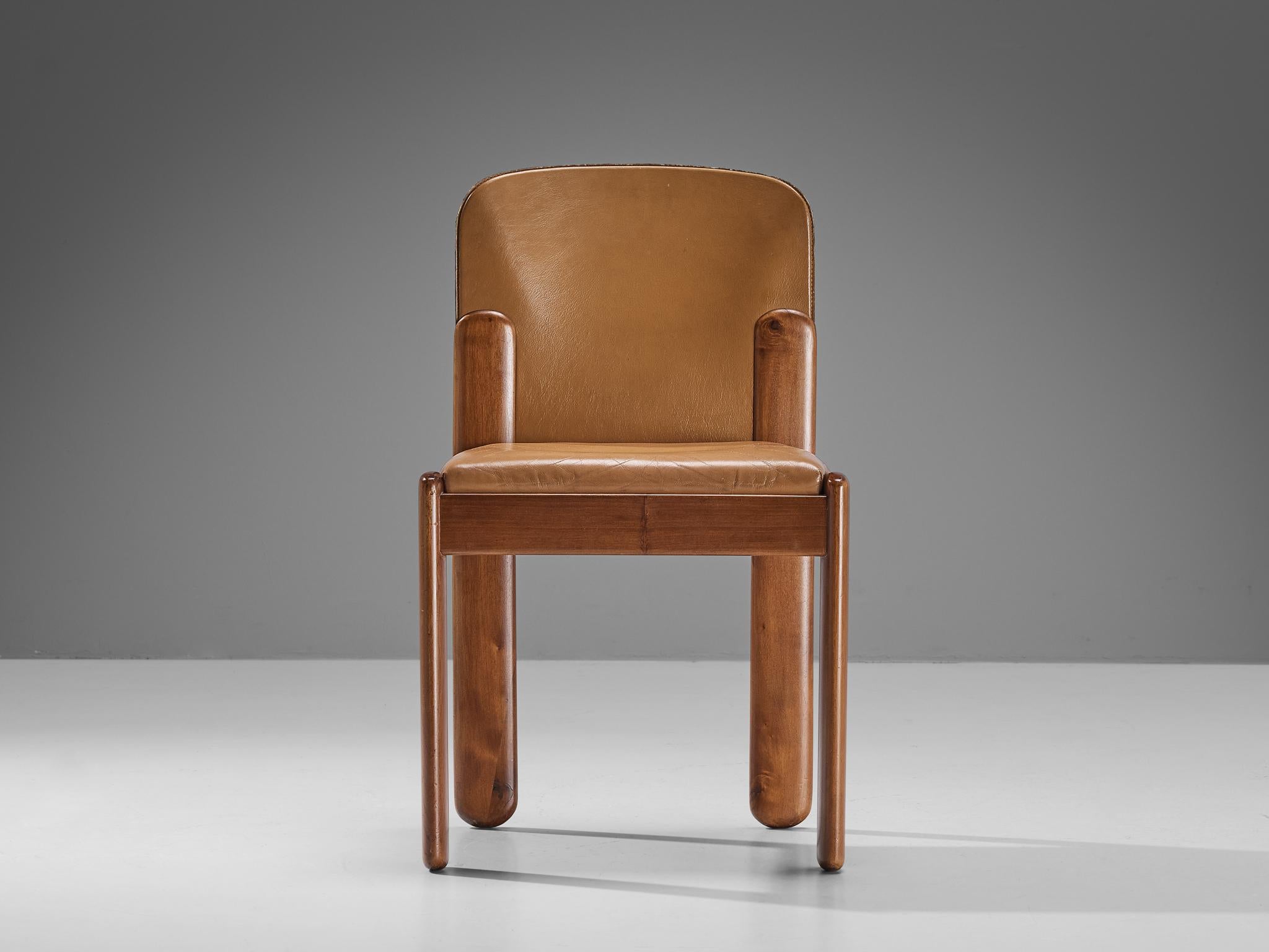 Italian Silvio Coppola for Bernini Set of Four Dining Chairs in Leather and Walnut