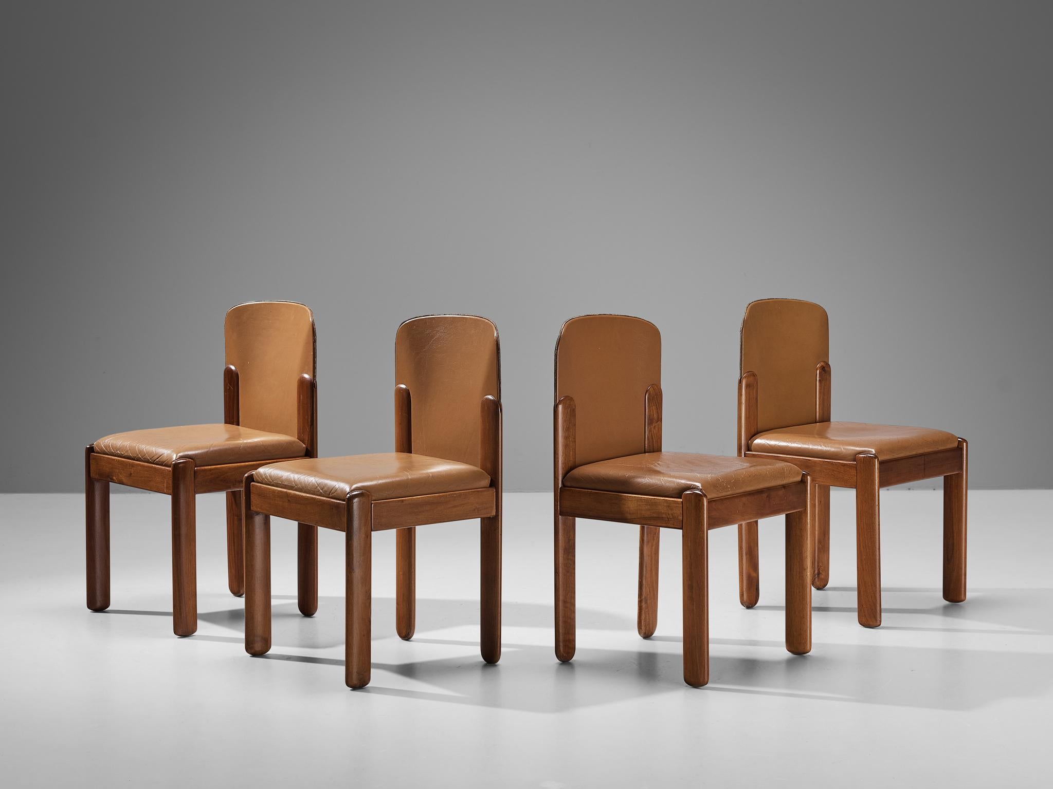 Silvio Coppola for Bernini Set of Four Dining Chairs in Leather and Walnut In Good Condition In Waalwijk, NL