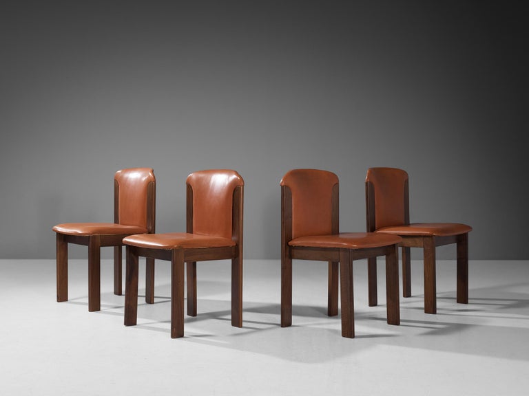 Mid-20th Century Silvio Coppola for Bernini Set of four Dining Chairs in Leather and Walnut For Sale