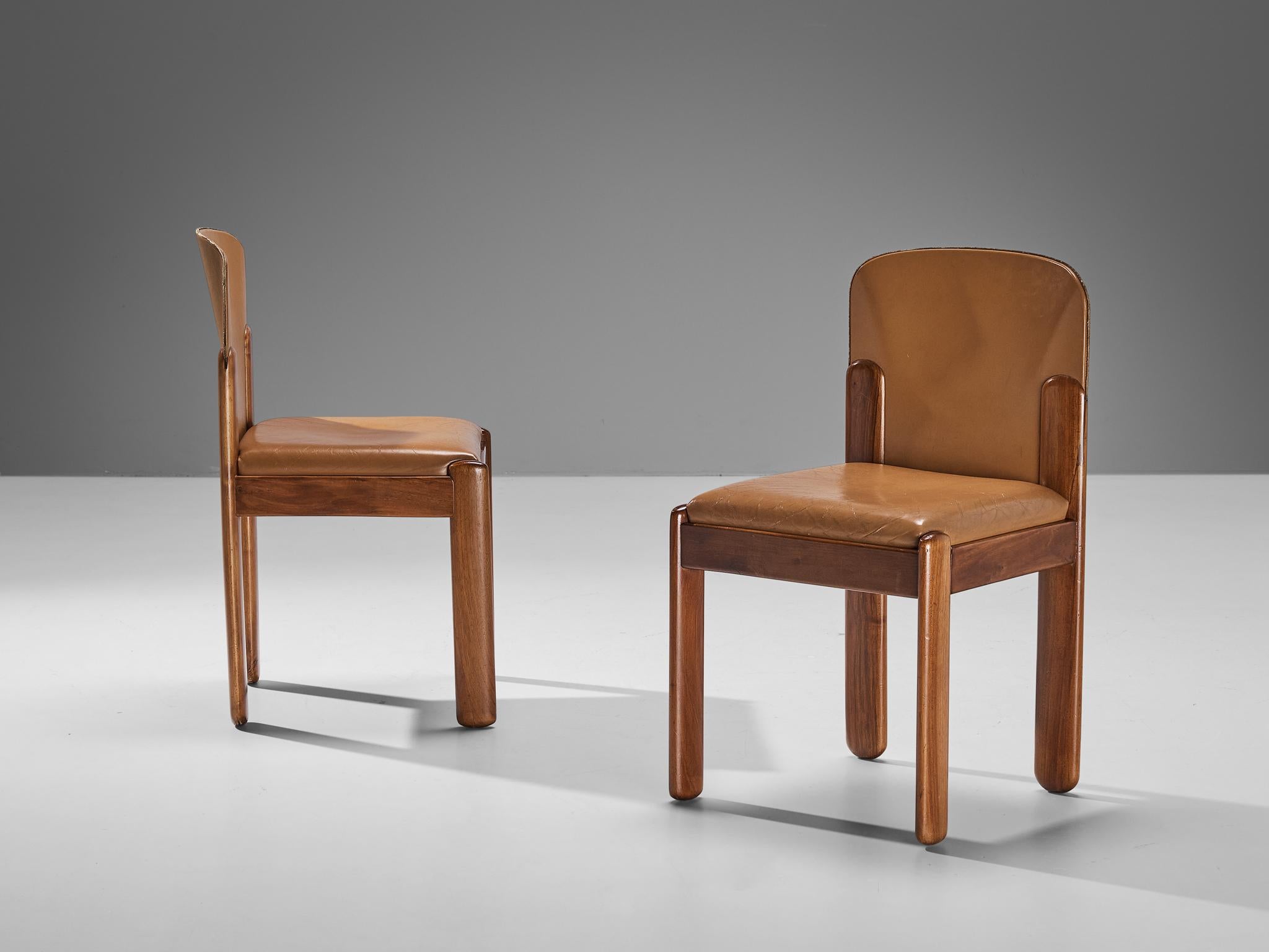 Silvio Coppola for Bernini Set of Four Dining Chairs in Leather and Walnut 1