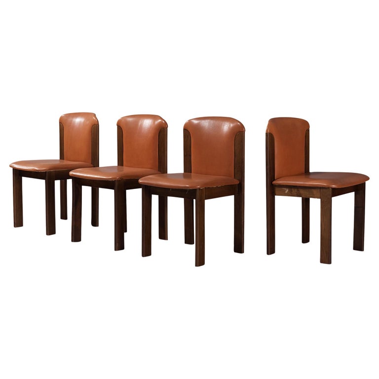 Silvio Coppola for Bernini Set of four Dining Chairs in Leather and Walnut For Sale