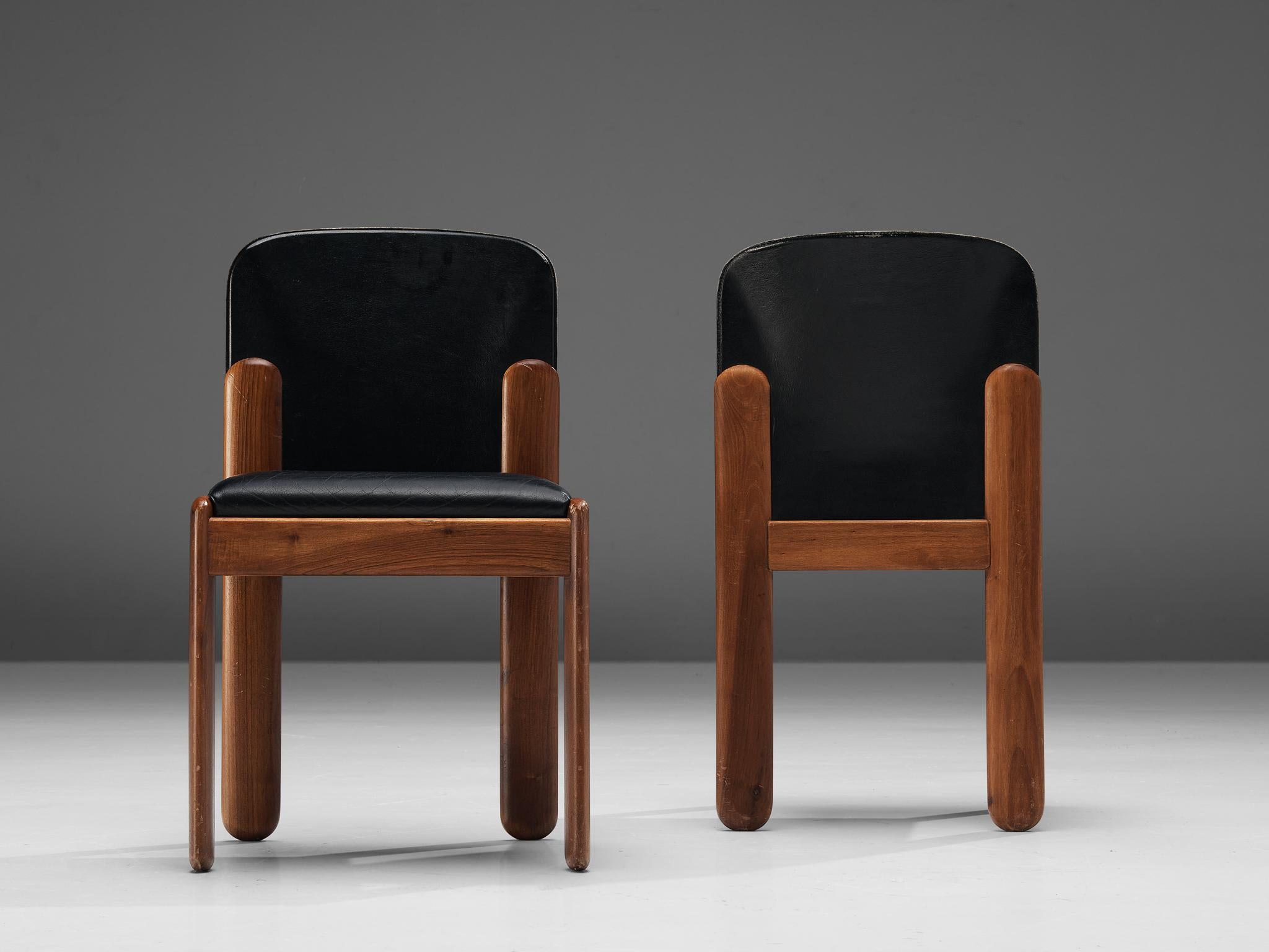 Italian Silvio Coppola for Bernini Set of Six Dining Chairs in Walnut and Black Leather