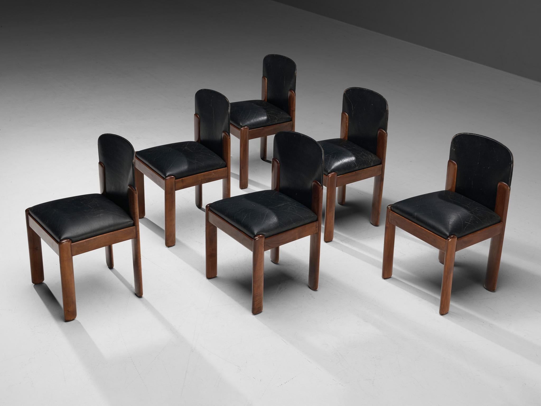 Italian Silvio Coppola for Bernini Set of Six Dining Chairs in Walnut and Black Leather