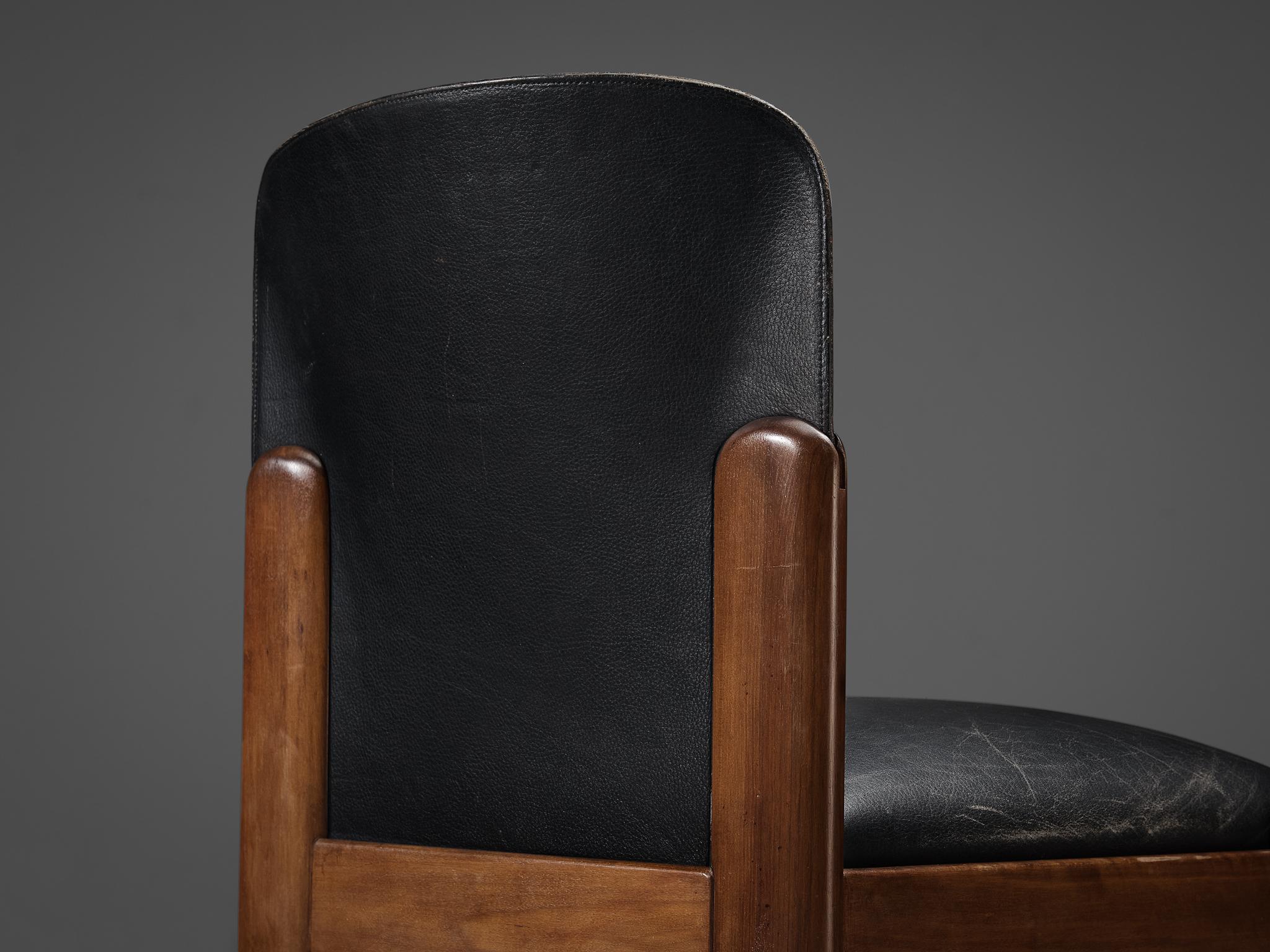 Mid-20th Century Silvio Coppola for Bernini Set of Six Dining Chairs in Walnut and Black Leather