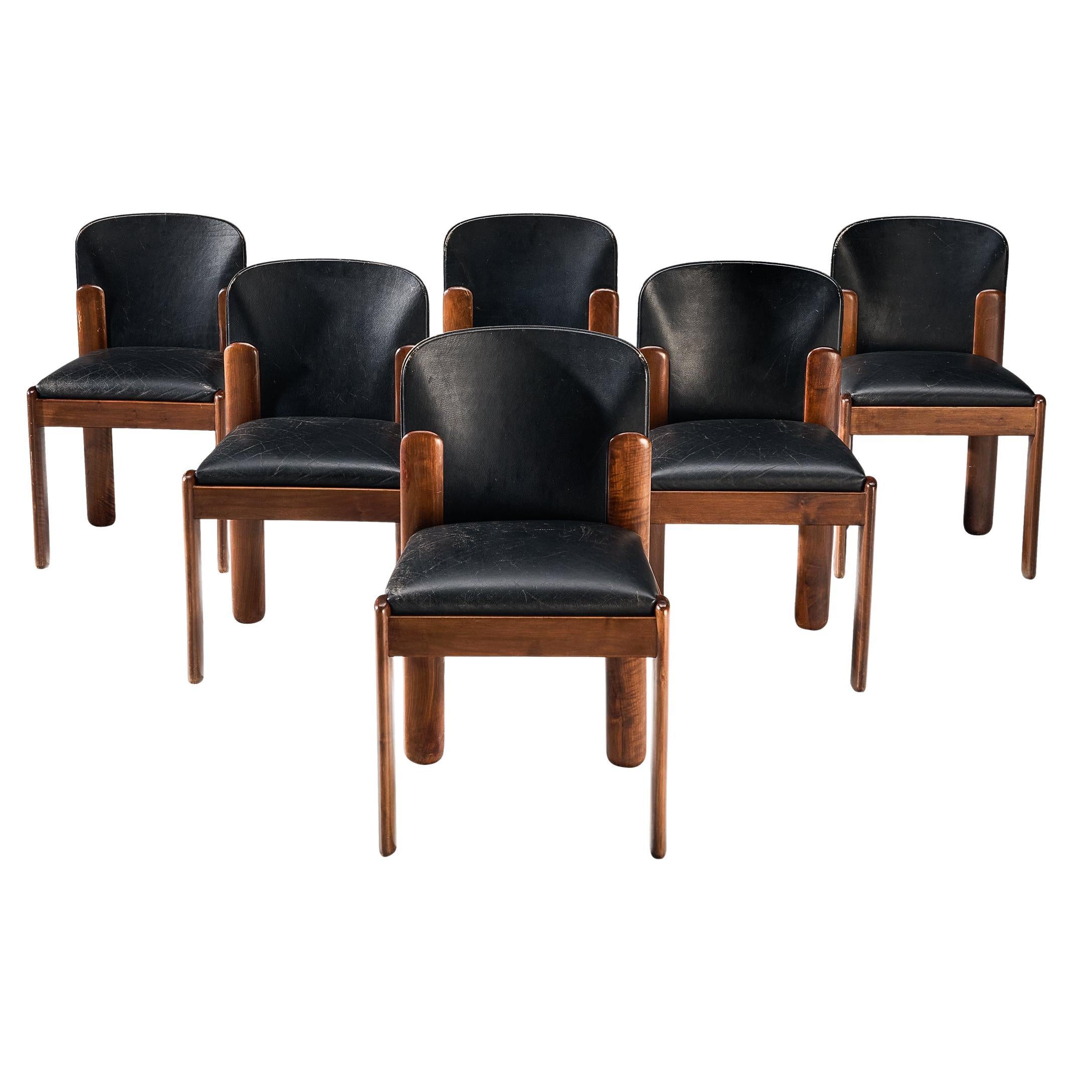 Silvio Coppola for Bernini Set of Six Dining Chairs in Walnut and Black Leather