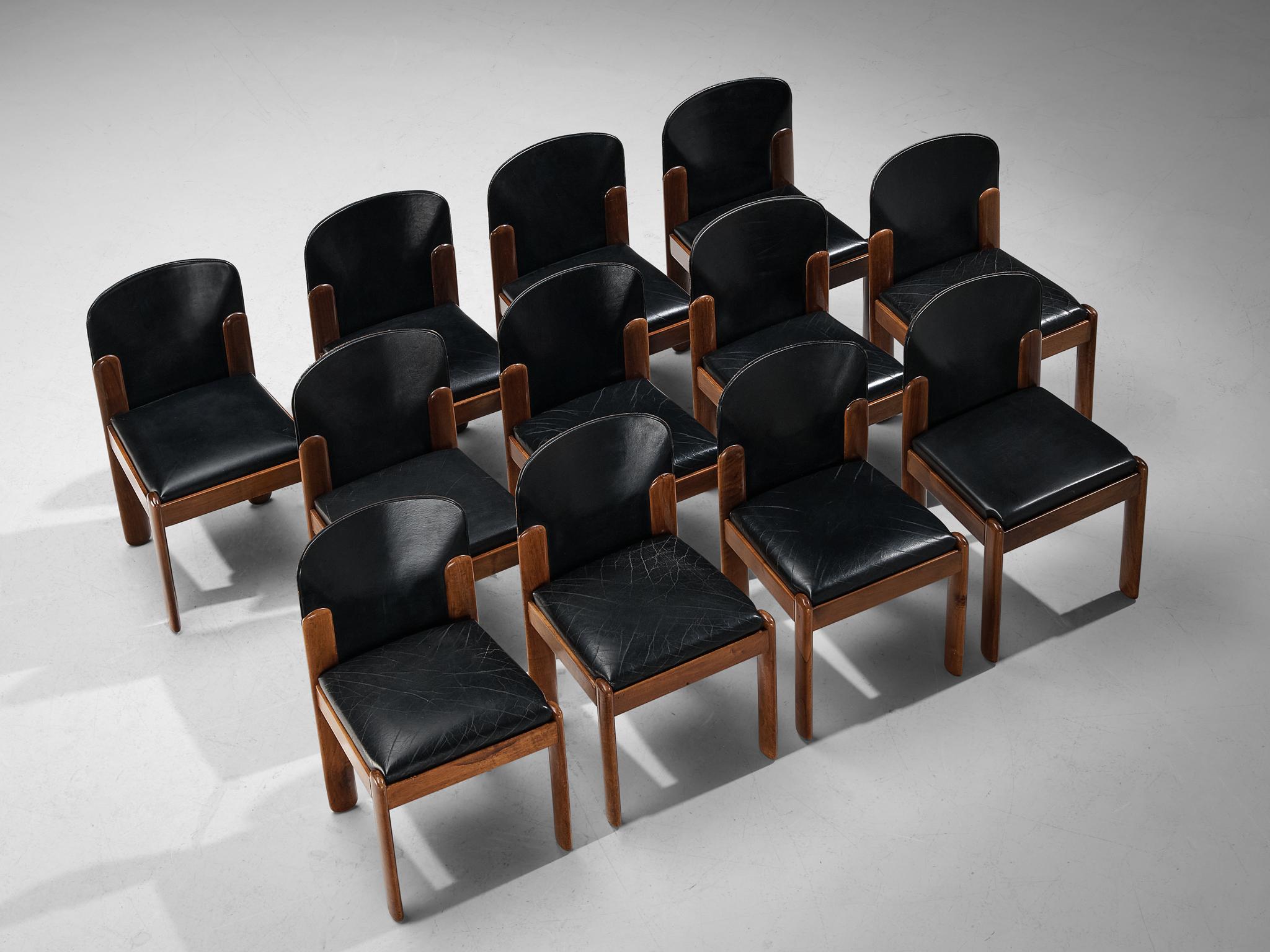 Mid-Century Modern Silvio Coppola for Bernini Set of Twelve Dining Chairs in Black Leather