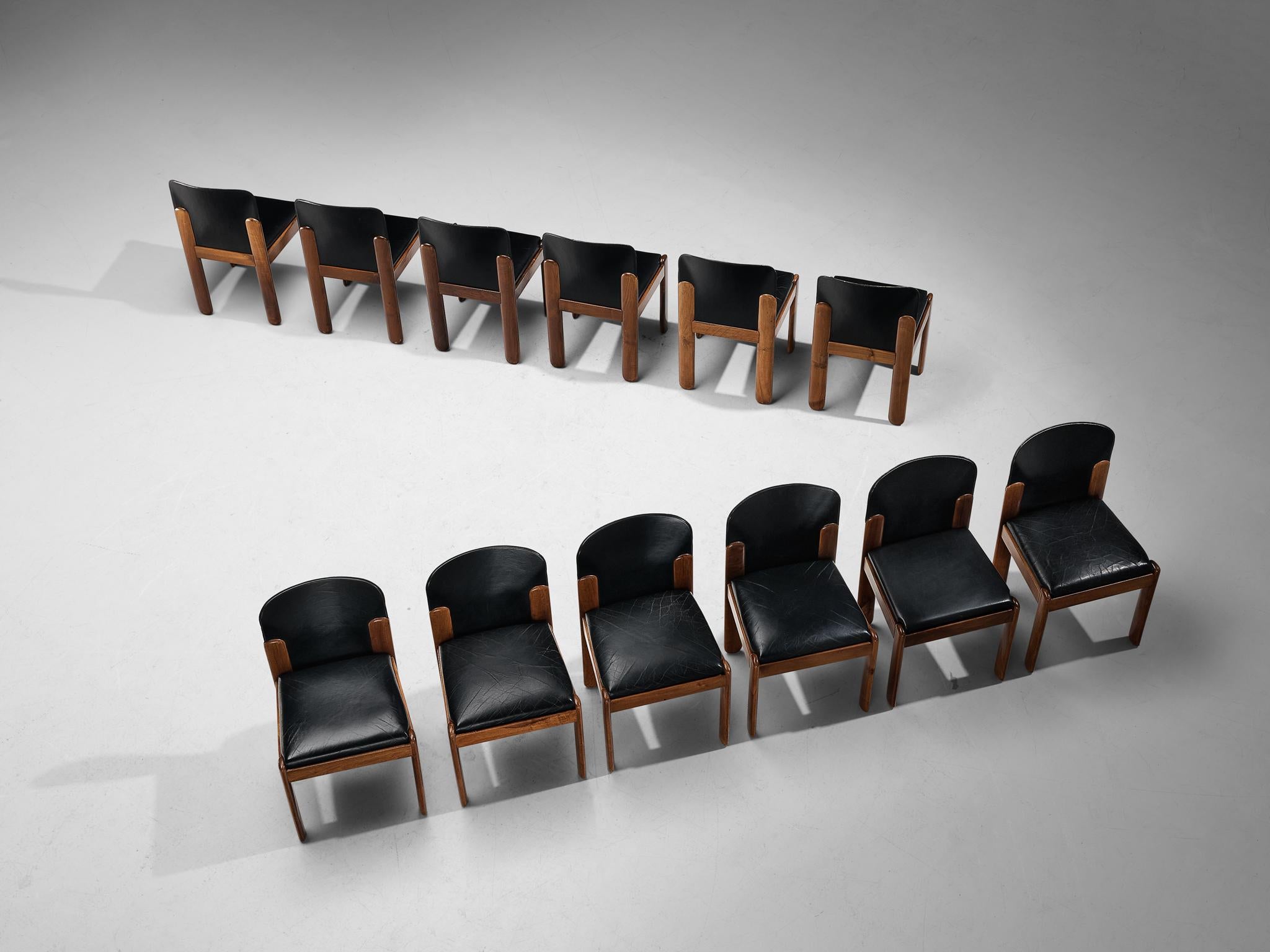 Mid-20th Century Silvio Coppola for Bernini Set of Twelve Dining Chairs in Black Leather