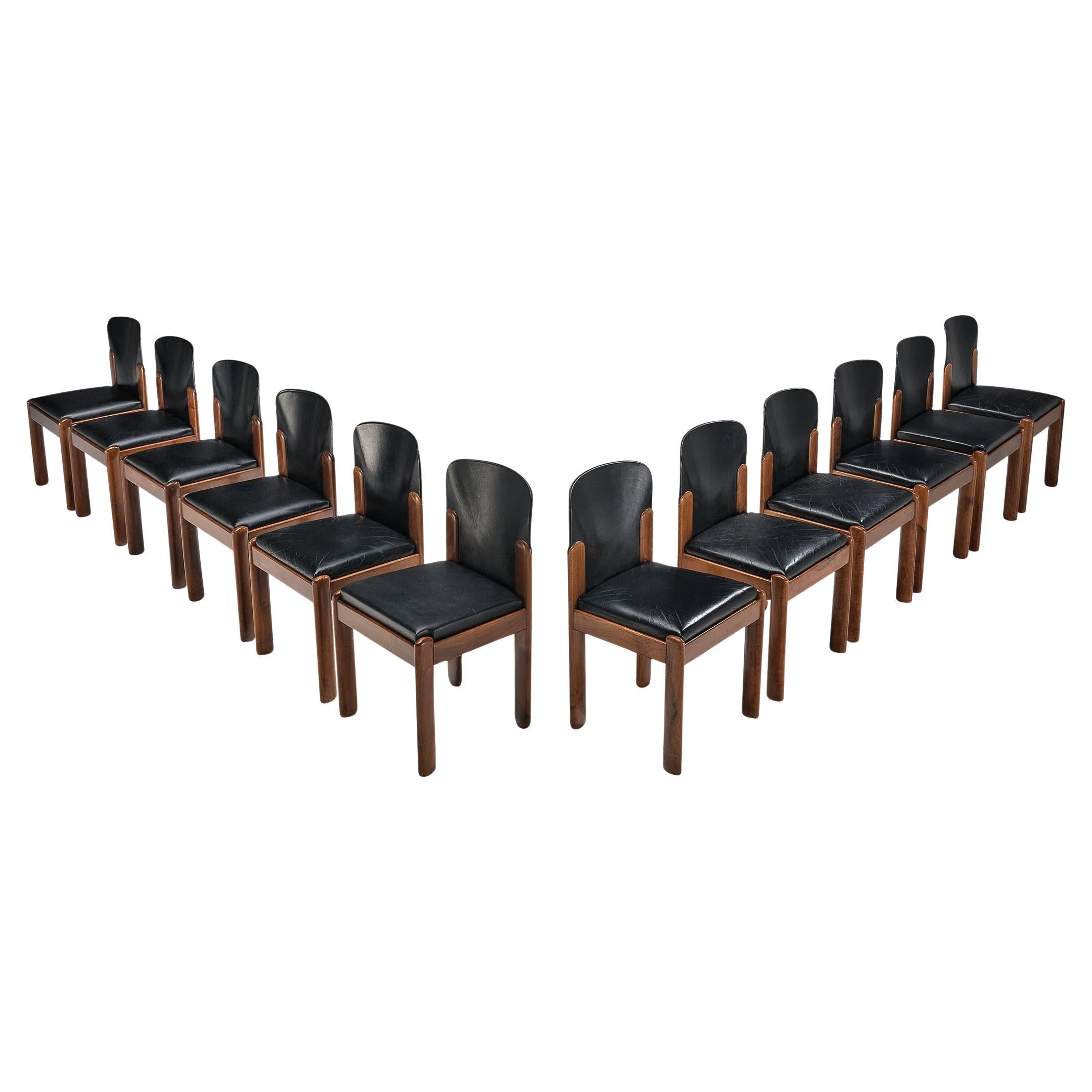 Silvio Coppola for Bernini Set of Twelve Dining Chairs in Black Leather
