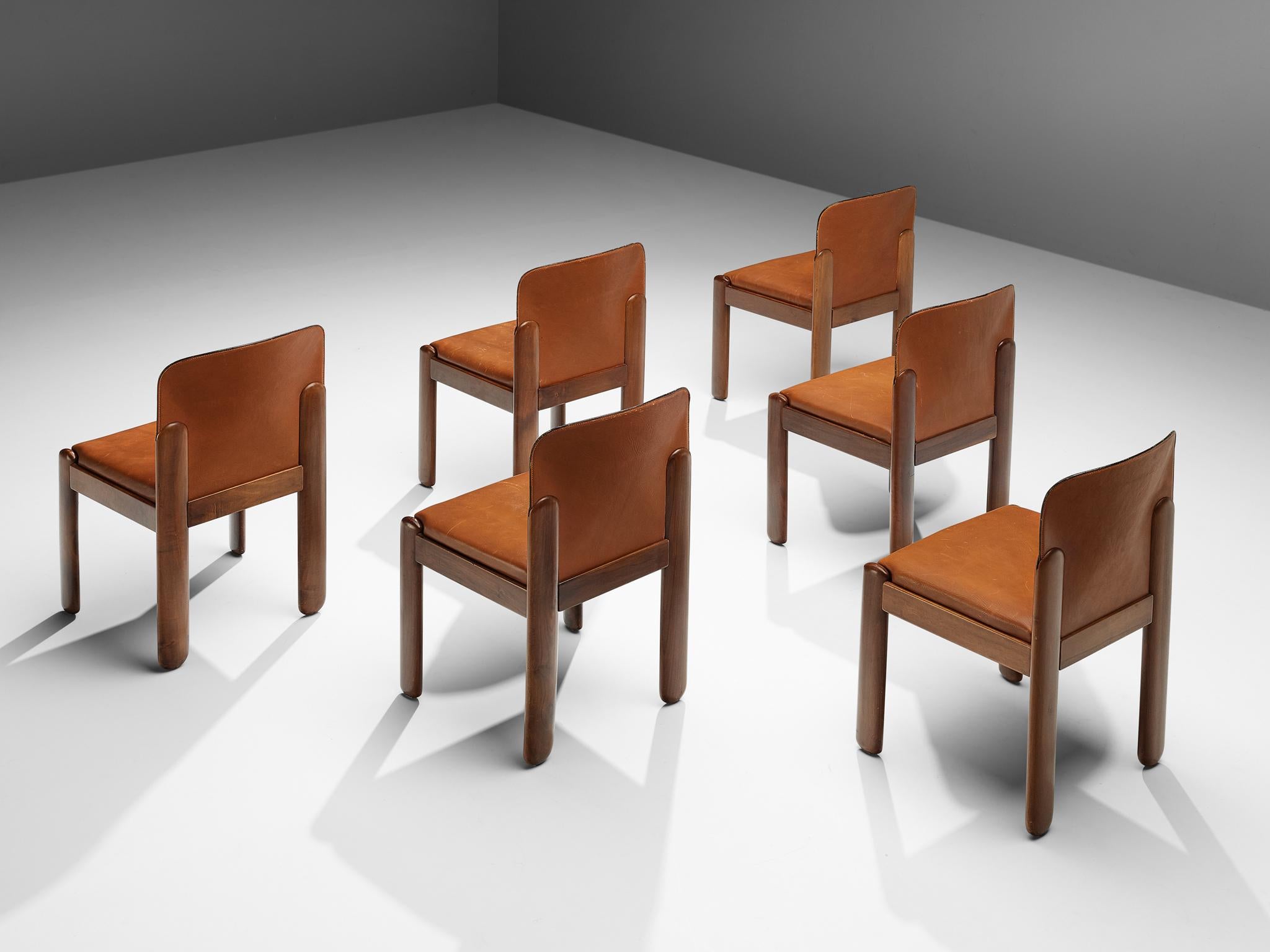 Silvio Coppola Set of Six Dining Chairs in Walnut and Cognac Leather 5
