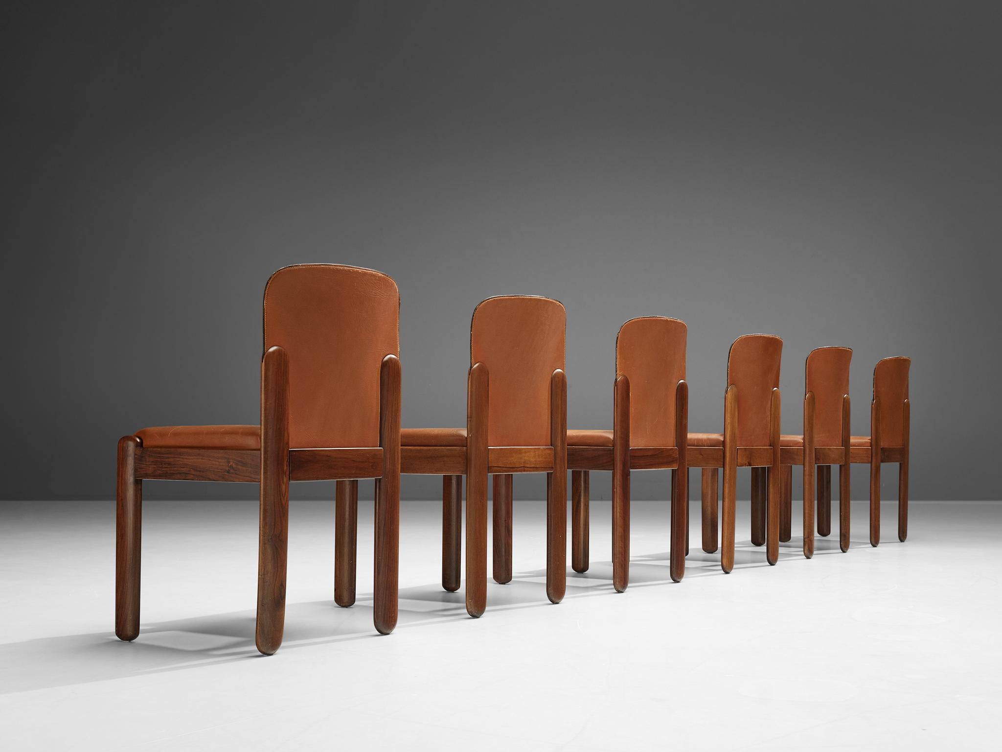Mid-Century Modern Silvio Coppola Set of Six Dining Chairs in Walnut and Cognac Leather