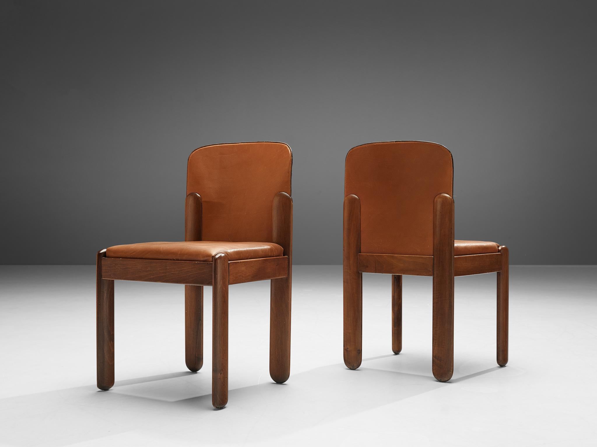 Italian Silvio Coppola Set of Six Dining Chairs in Walnut and Cognac Leather