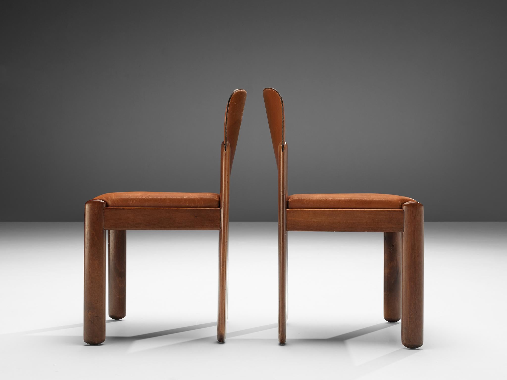 Mid-20th Century Silvio Coppola Set of Six Dining Chairs in Walnut and Cognac Leather