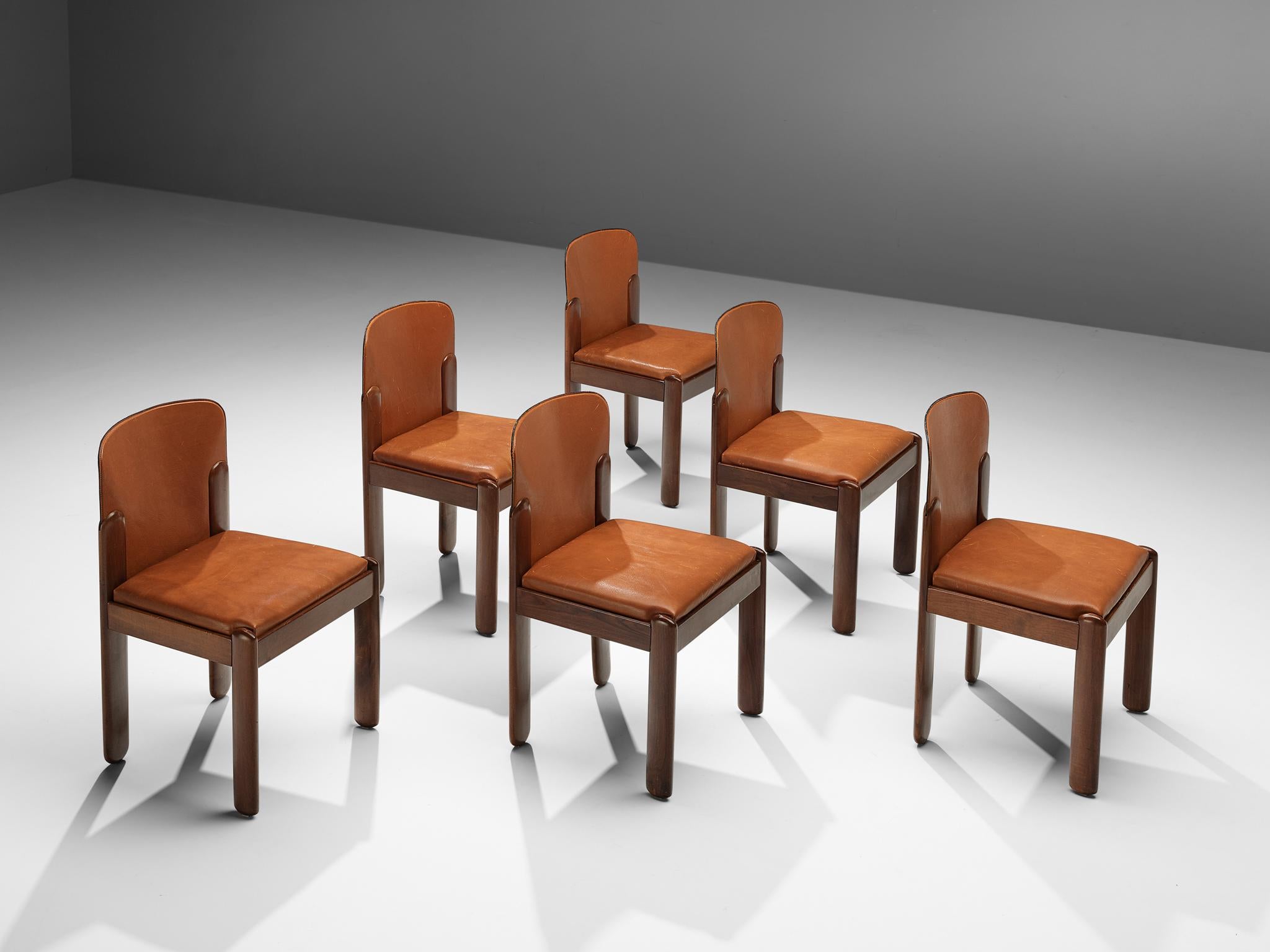 Silvio Coppola Set of Six Dining Chairs in Walnut and Cognac Leather 2