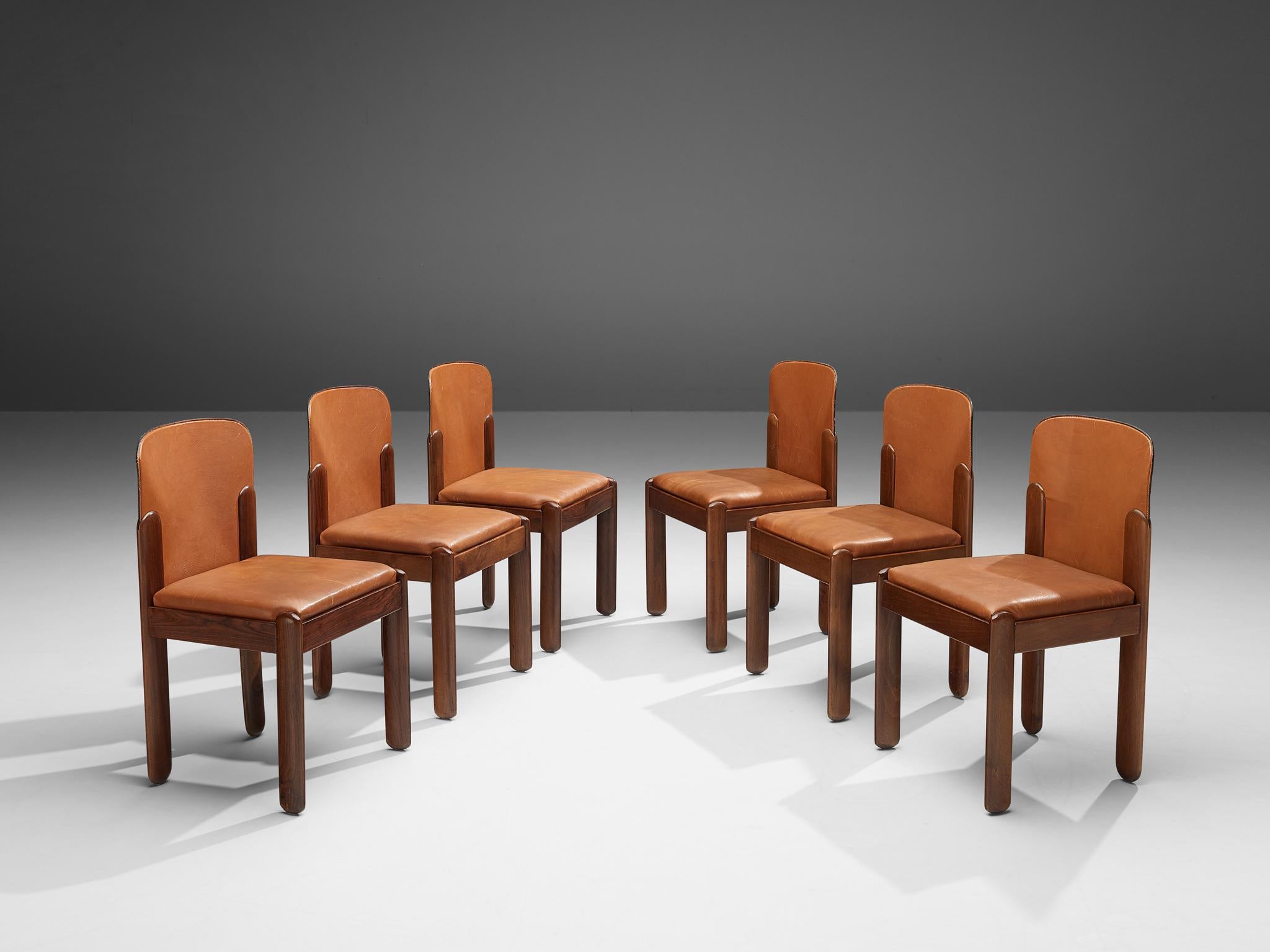 Silvio Coppola Set of Six Dining Chairs in Walnut and Cognac Leather 3