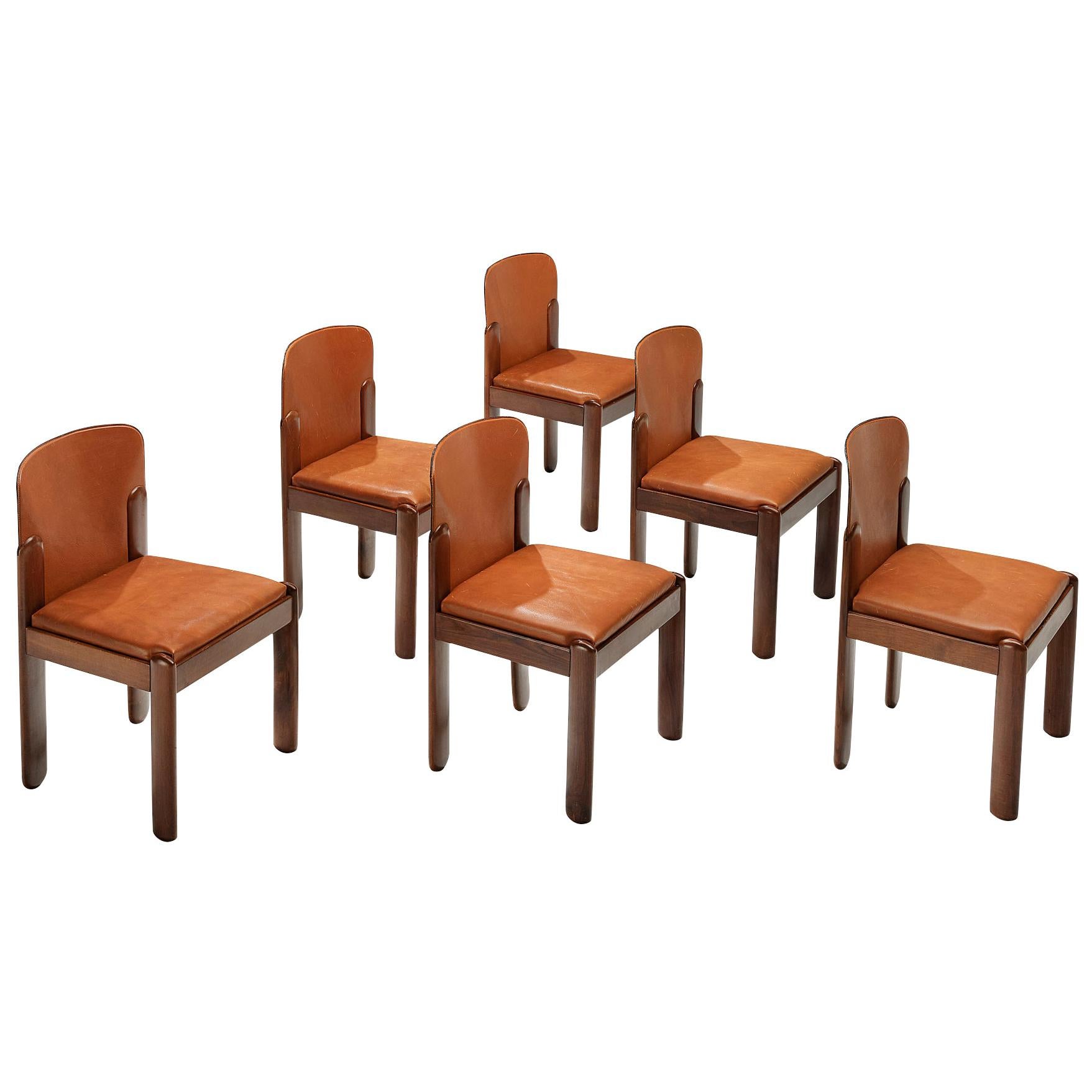 Silvio Coppola Set of Six Dining Chairs in Walnut and Cognac Leather