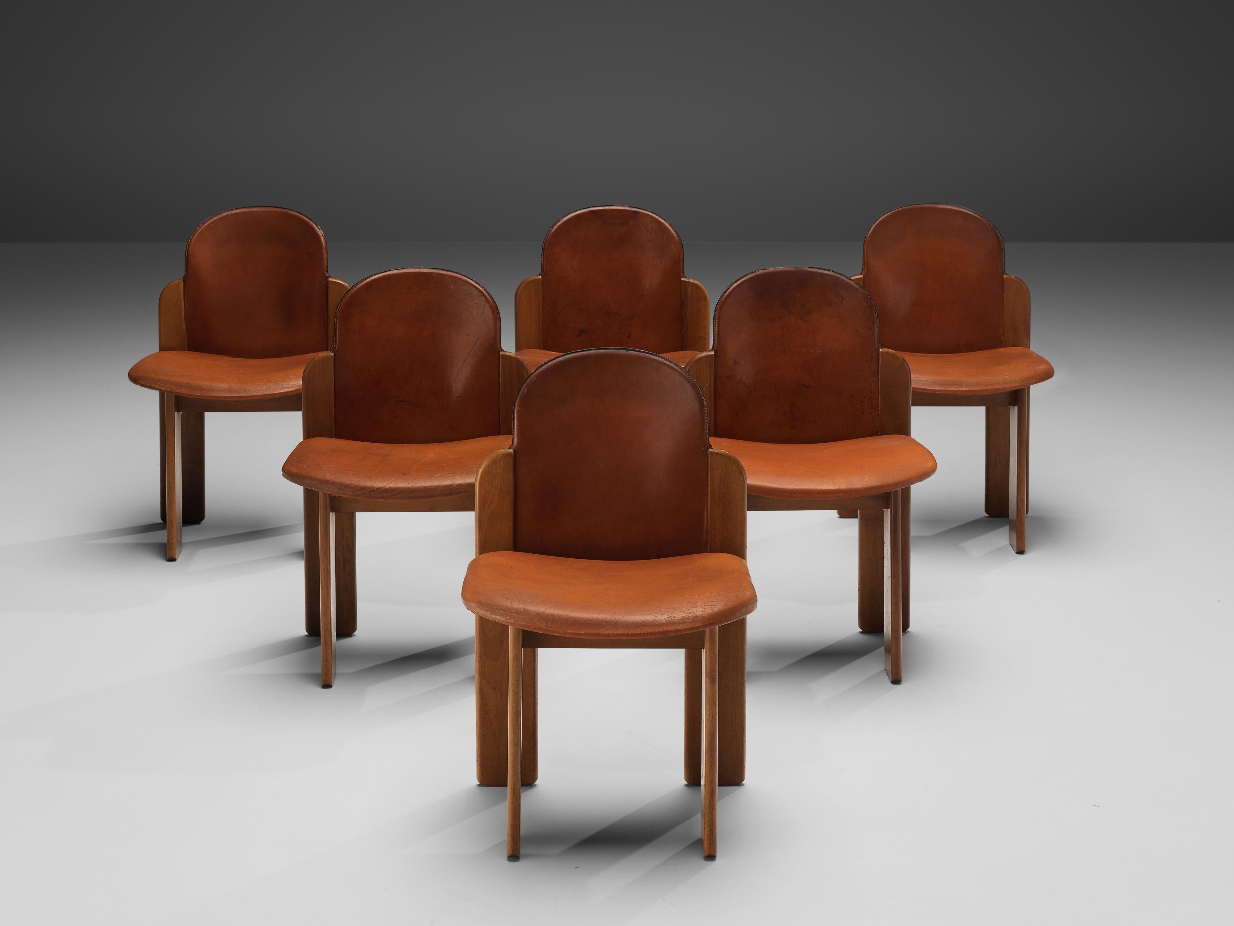 Silvio Coppola, set of six dining chairs, model 330, walnut, leather, Italy, 1960s

This model of dining chairs by Silvio Coppola reminds of the model '330' he designed for Bernini. Yet these particular chairs are different in the way seat and