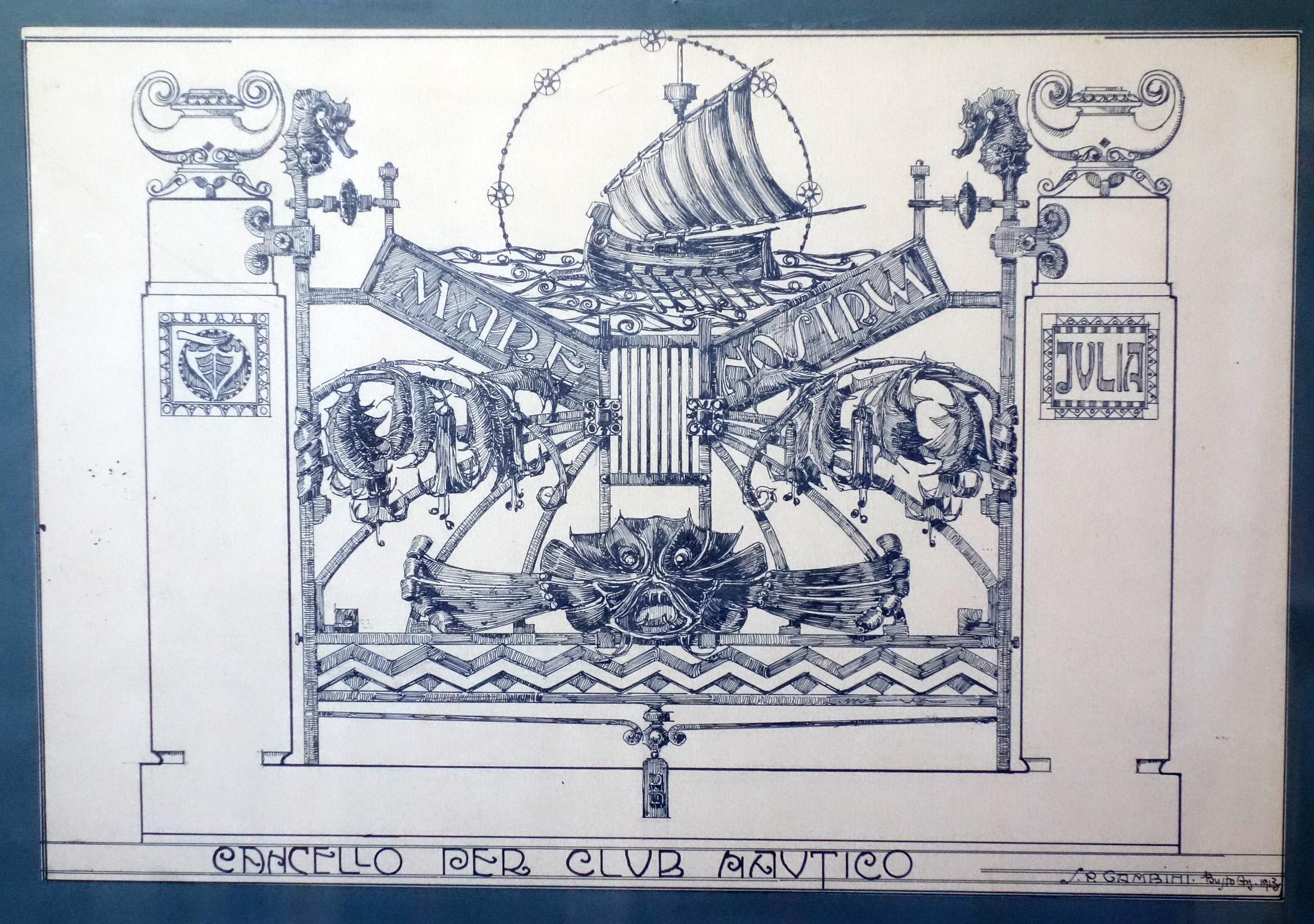 Silvio Gambini
Italie, 1913

Studio di Cancellata in Ferro Battuto (Studio d'annulation en fer battu)
Disegno su Carta
Corniche Liberty in legno Originale

Firma dell'artista in basso a destra

Misure carta :  27.5x39
Misure corniche : 77.5x61x2.5