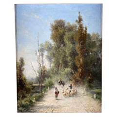 Aperçu d'un paysage de campagne italien avec des bergers par Silvio Poma 19e siècle