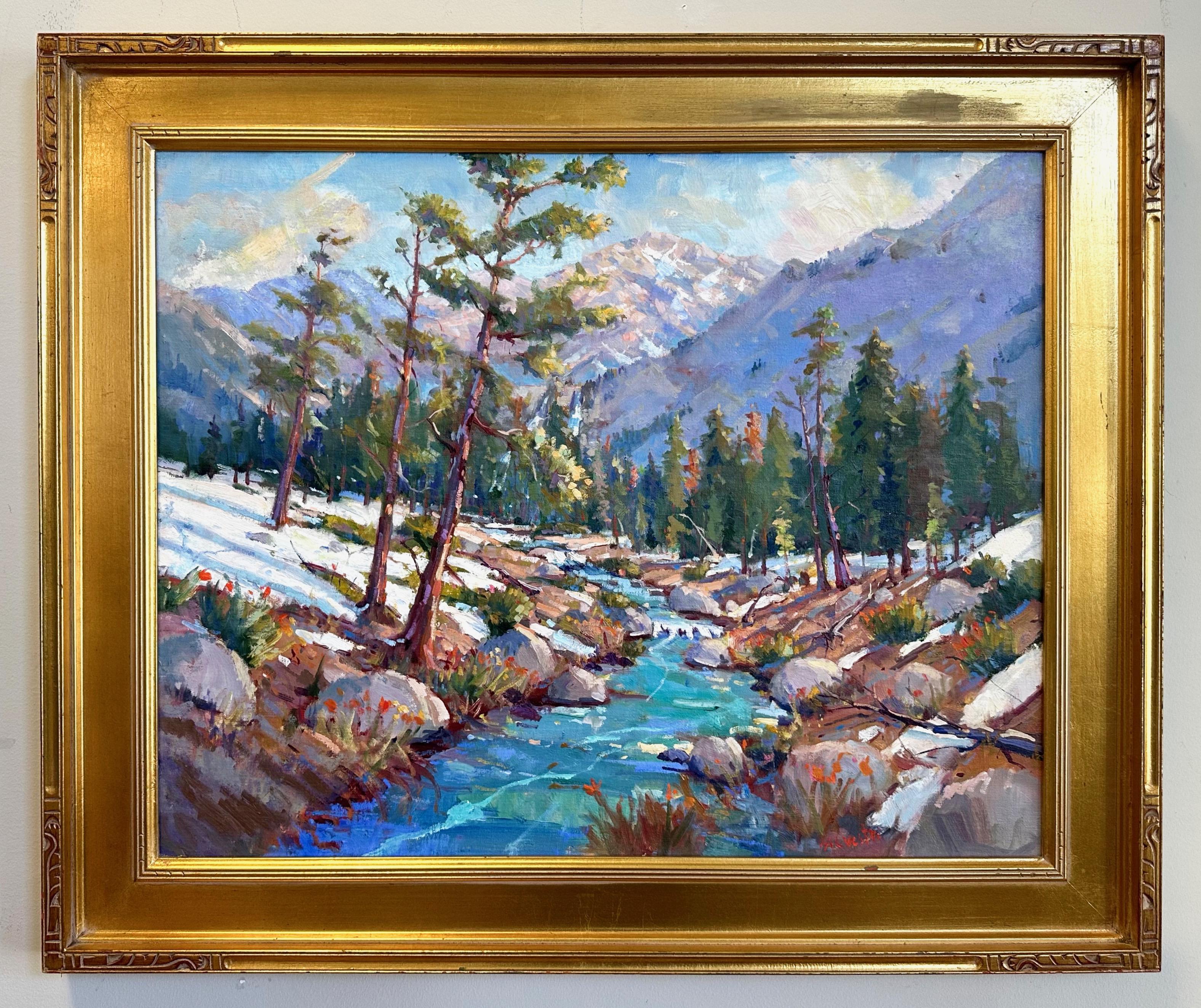 A large, luminous, and captivating 2004 en plein air impressionist oil painting on masonite board in giltwood frame titled “Spring Thaw – Lake Tahoe” by award-winning Northern California landscape artist Silvio Silvestri.

Strikingly beautiful and
