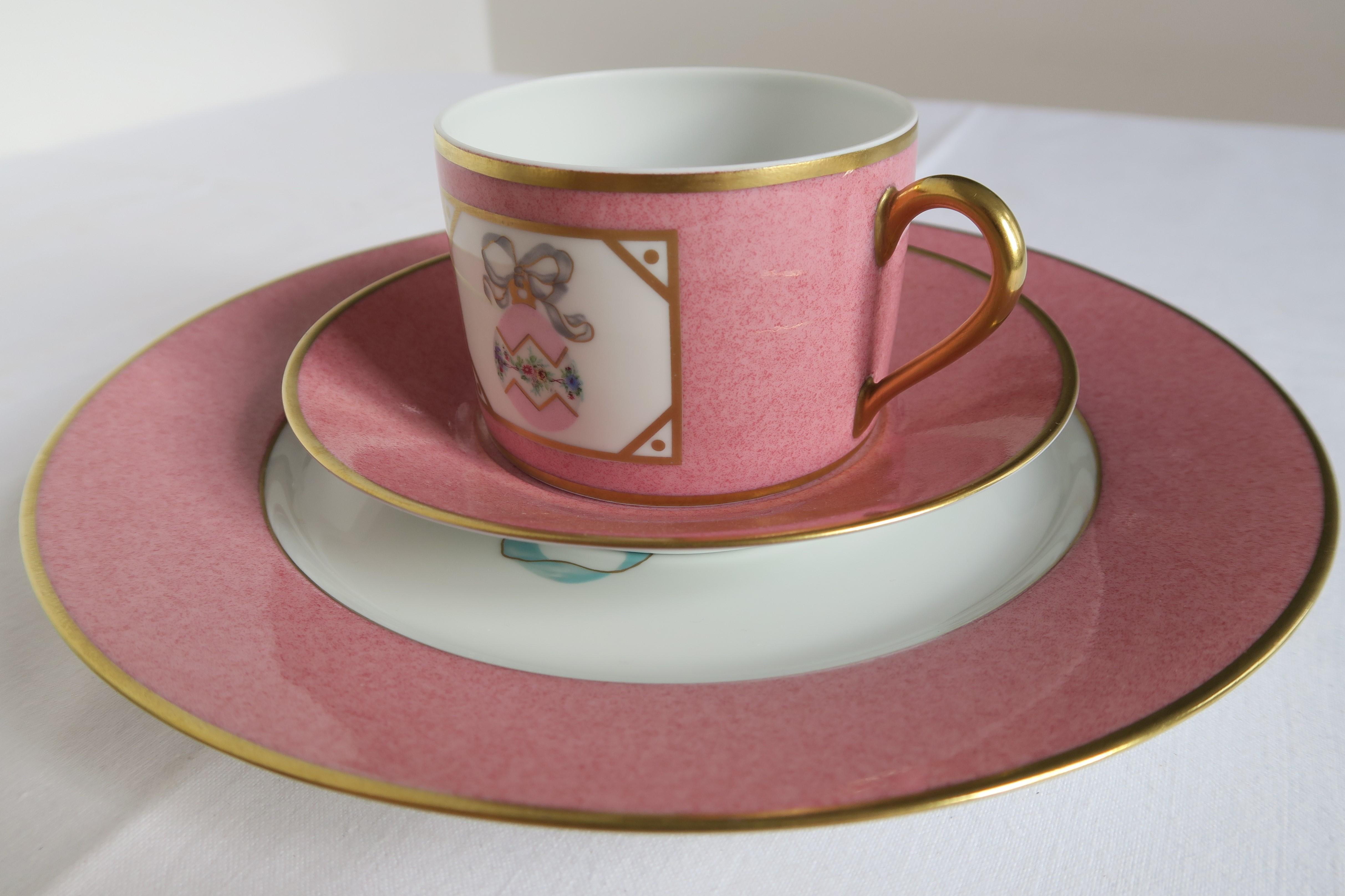 In this listing you will find a beautiful set of dishes by French Manufacturer and silver smith Puiforcat. It consists of a flat cup, saucer and a dessert plate made from the finest porcelain. All three pieces are stamped. The cup and the bigger