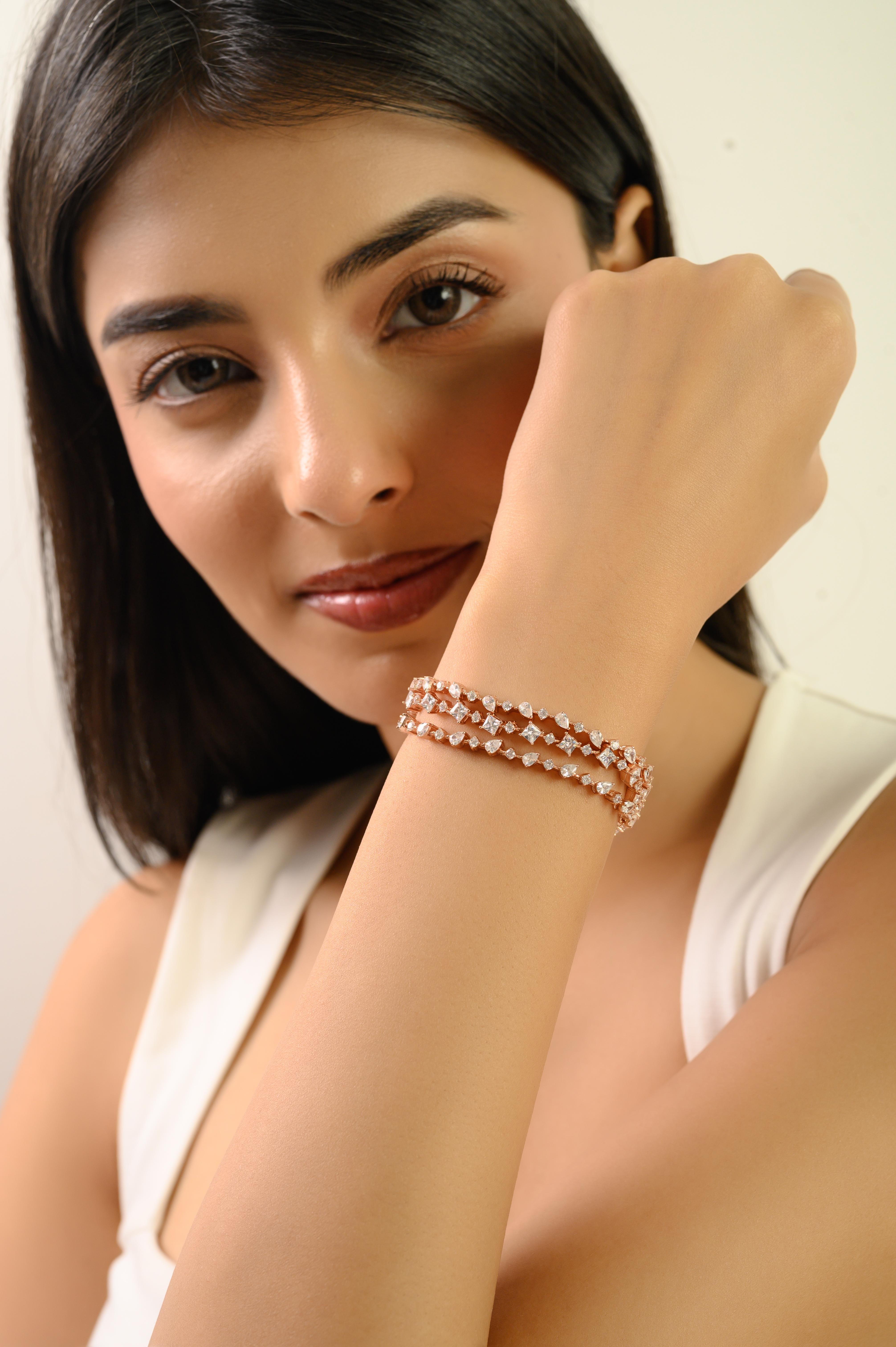 Taglio misto Silvoora Bracciale a tre file di zirconi bianchi in oro rosa e argento 925 Regalo di Natale in vendita