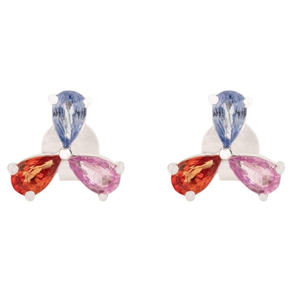 Silvora Three Stone Silver Stud Earrings in Multi Color Zircon Jewelry for Girls
