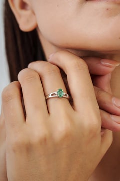 Silvorra 0.54 Carat Oval Emerald and Diamond Promise Ring in 925 Sterling Silver