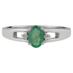 Silvorra 0.54 Carat Oval Emerald and Diamond Promise Ring in 925 Sterling Silver