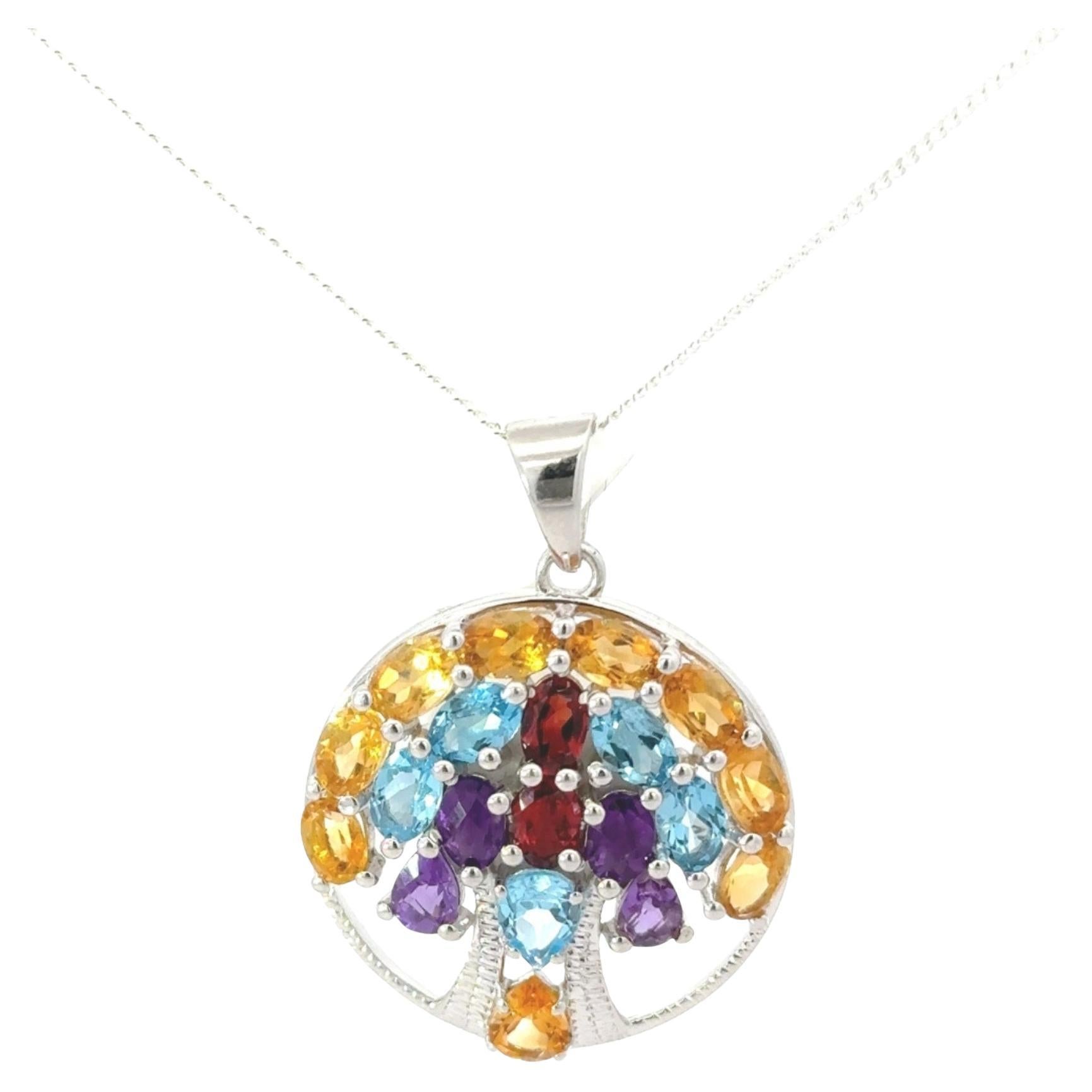 A Silver 10.49Ct Nature Multi Gemstone Tree of Life Round Pendentif en argent 925